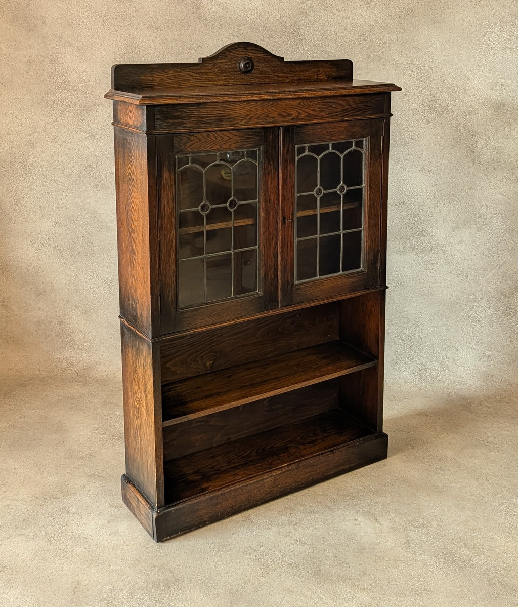 Antique Arts & Crafts Style Oak Leaded Glass Bookcase 1920s