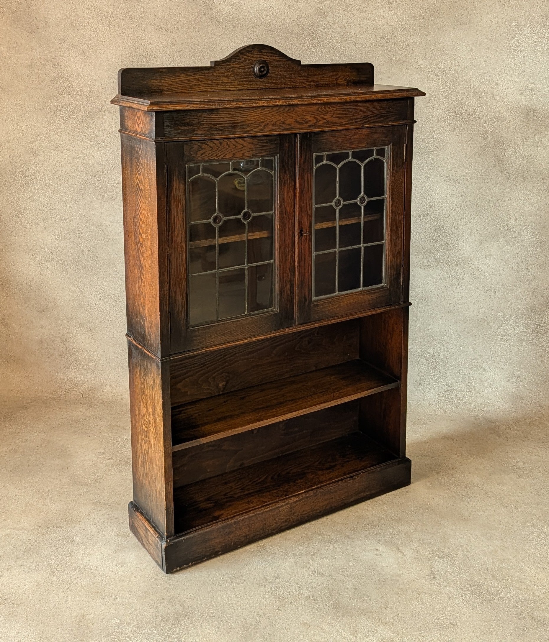 Antique Arts & Crafts Style Oak Leaded Glass Bookcase 1920s