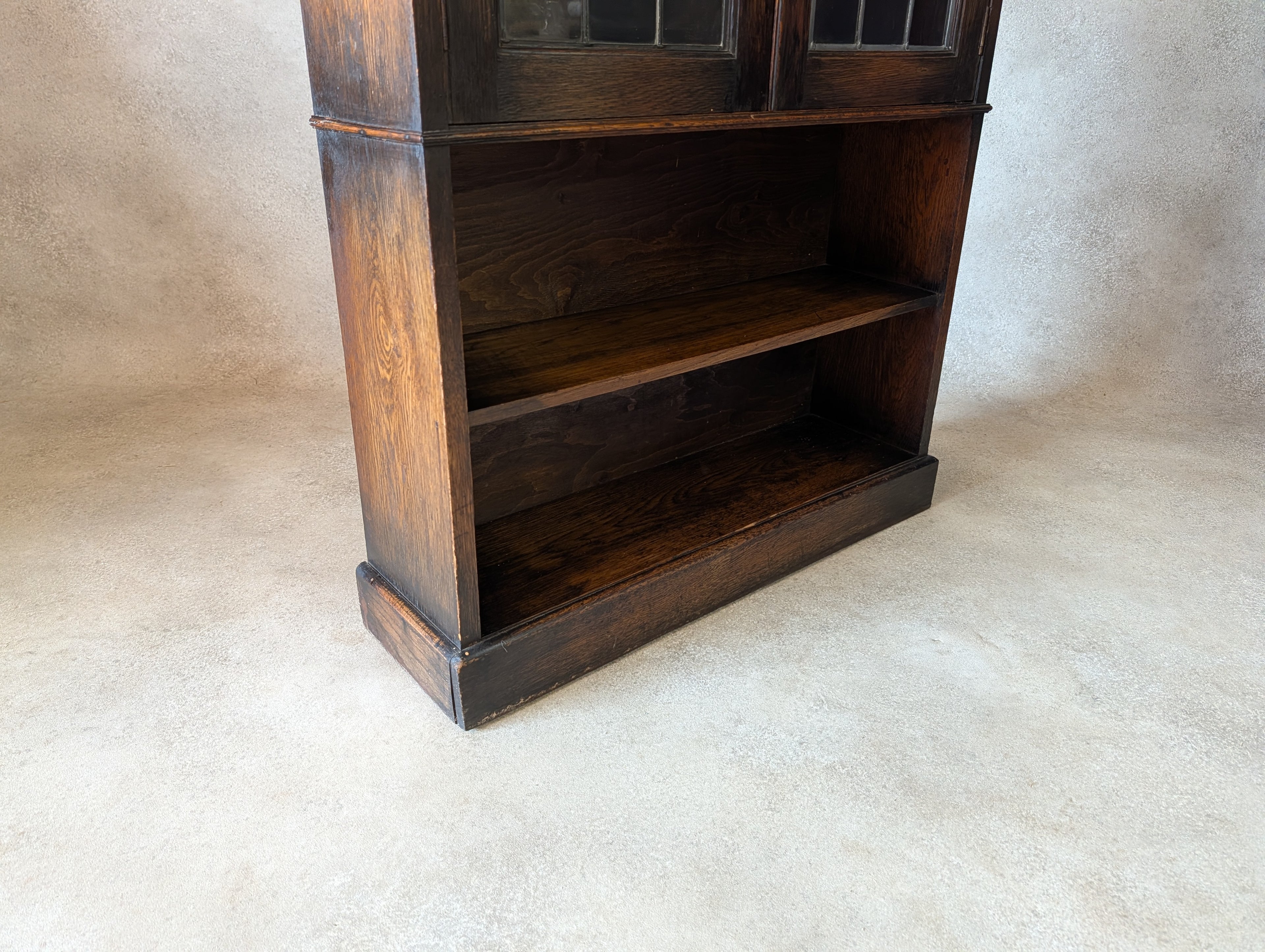 Antique Arts & Crafts Style Oak Leaded Glass Bookcase 1920s