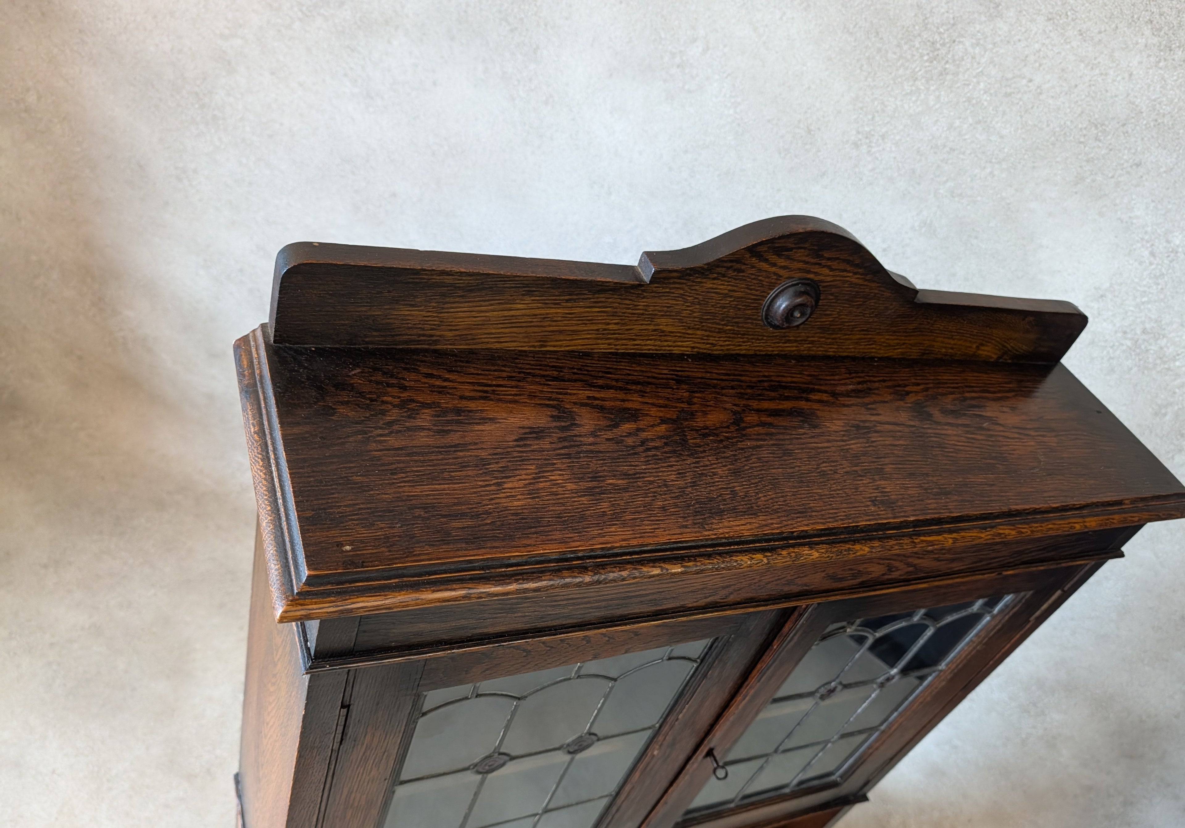 Antique Arts & Crafts Style Oak Leaded Glass Bookcase 1920s