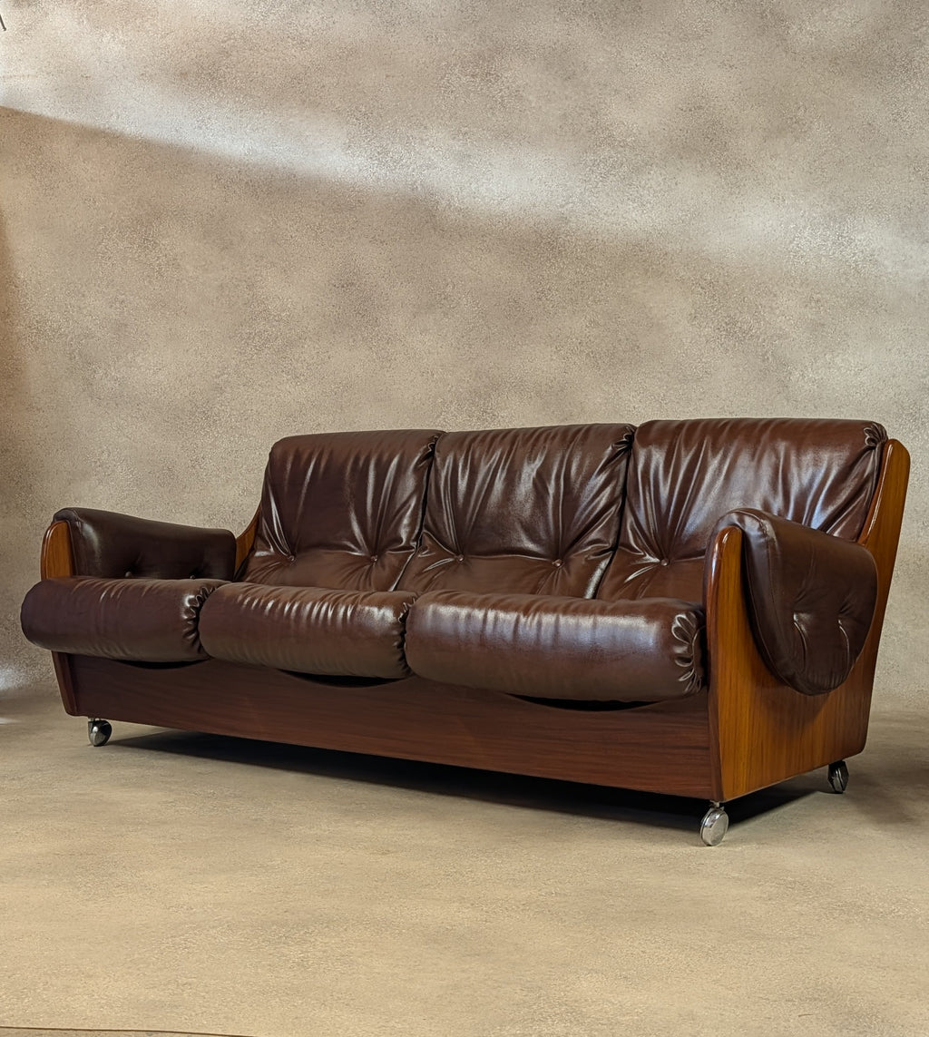 Mid Century G Plan Teak Saddleback 3 Seater Sofa Brown Faux Leather Retro Settee