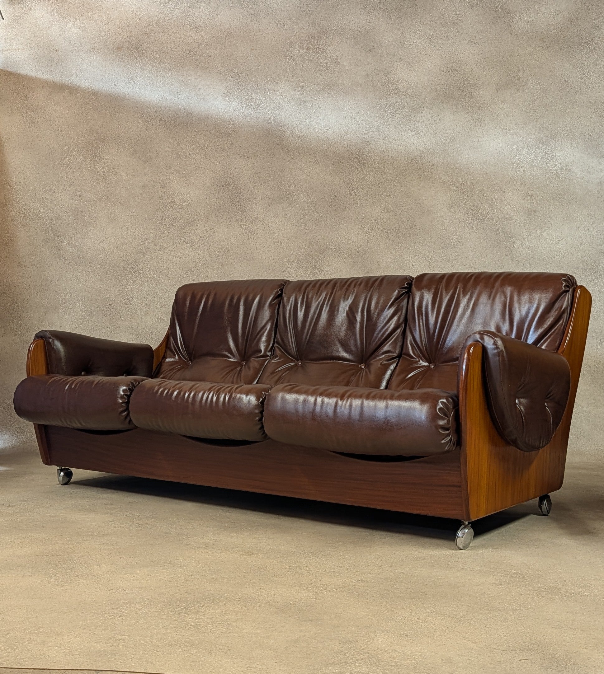 Mid Century G Plan Teak Saddleback 3 Seater Sofa Brown Faux Leather Retro Settee