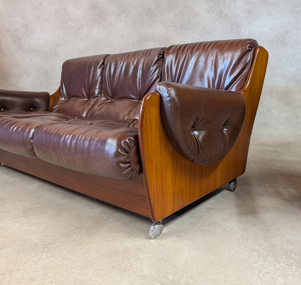 Mid Century G Plan Teak Saddleback 3 Seater Sofa Brown Faux Leather Retro Settee