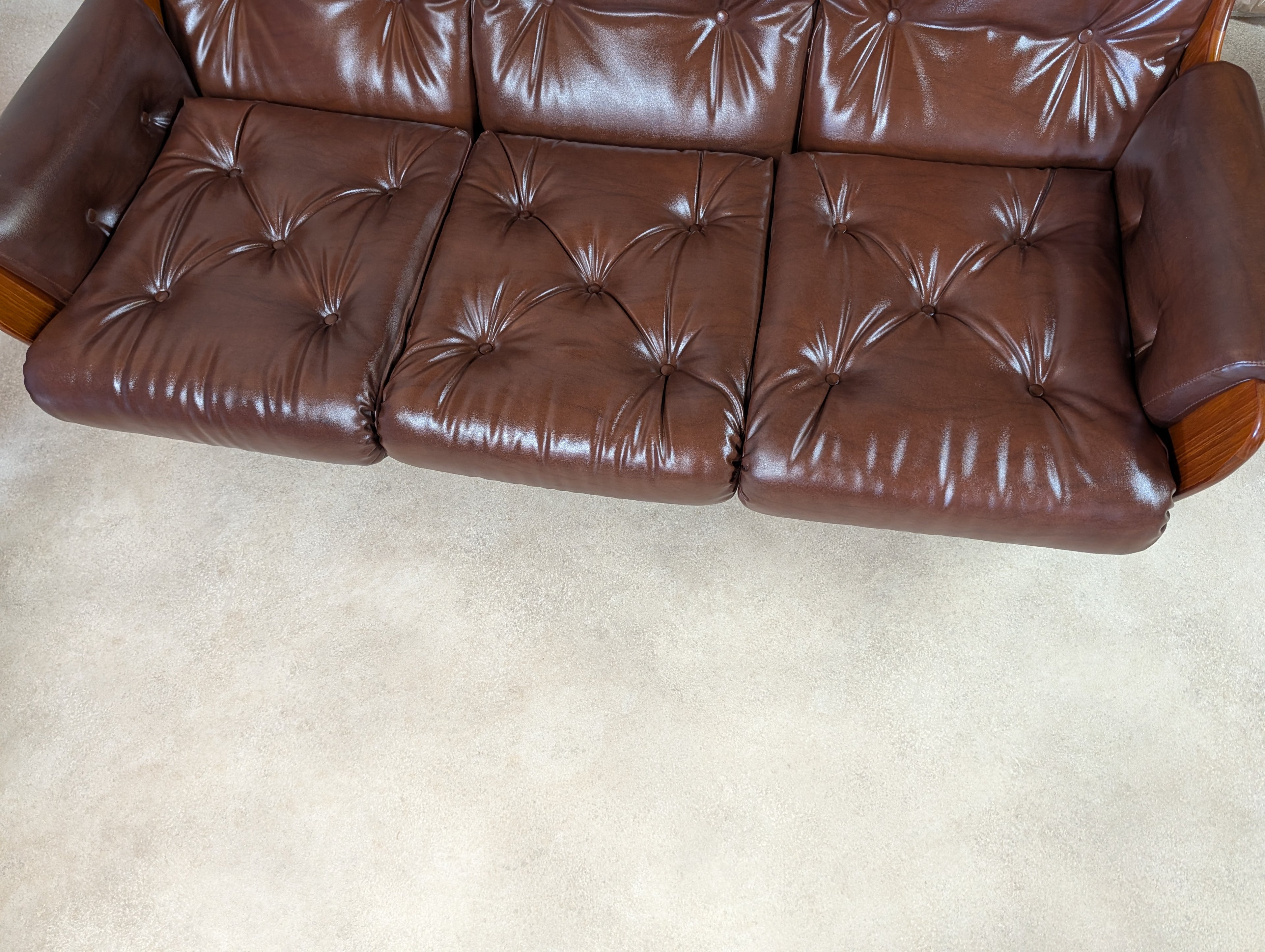 Mid Century G Plan Teak Saddleback 3 Seater Sofa Brown Faux Leather Retro Settee