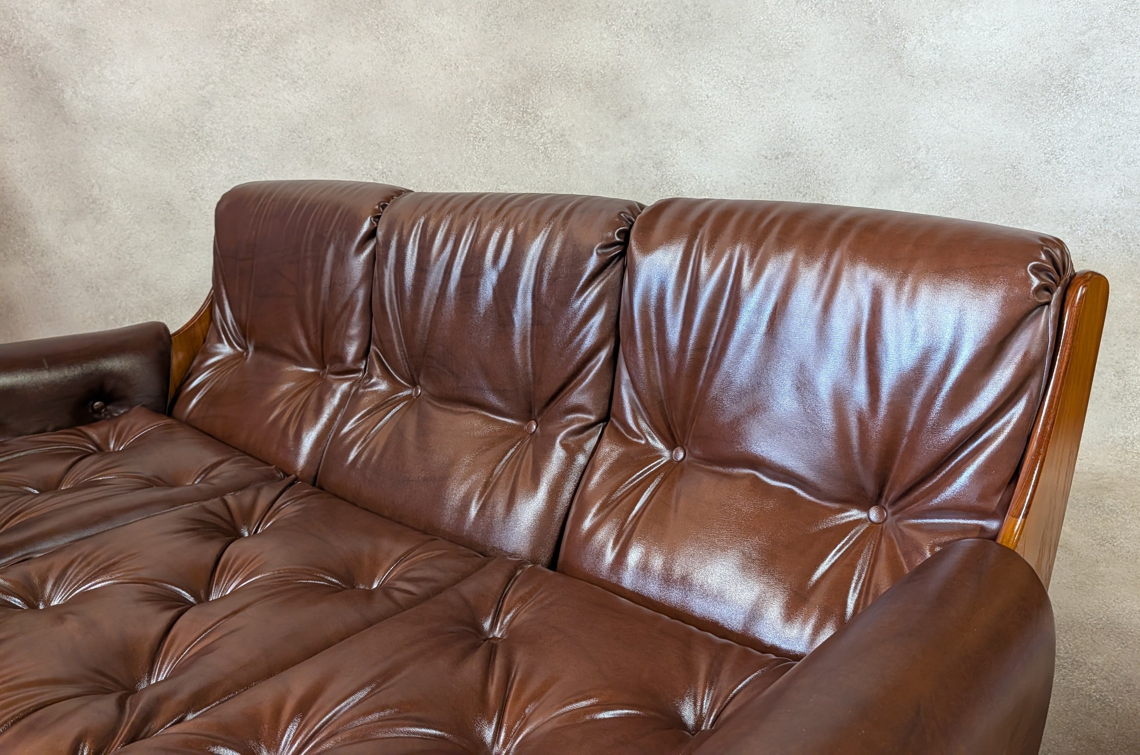 Mid Century G Plan Teak Saddleback 3 Seater Sofa Brown Faux Leather Retro Settee