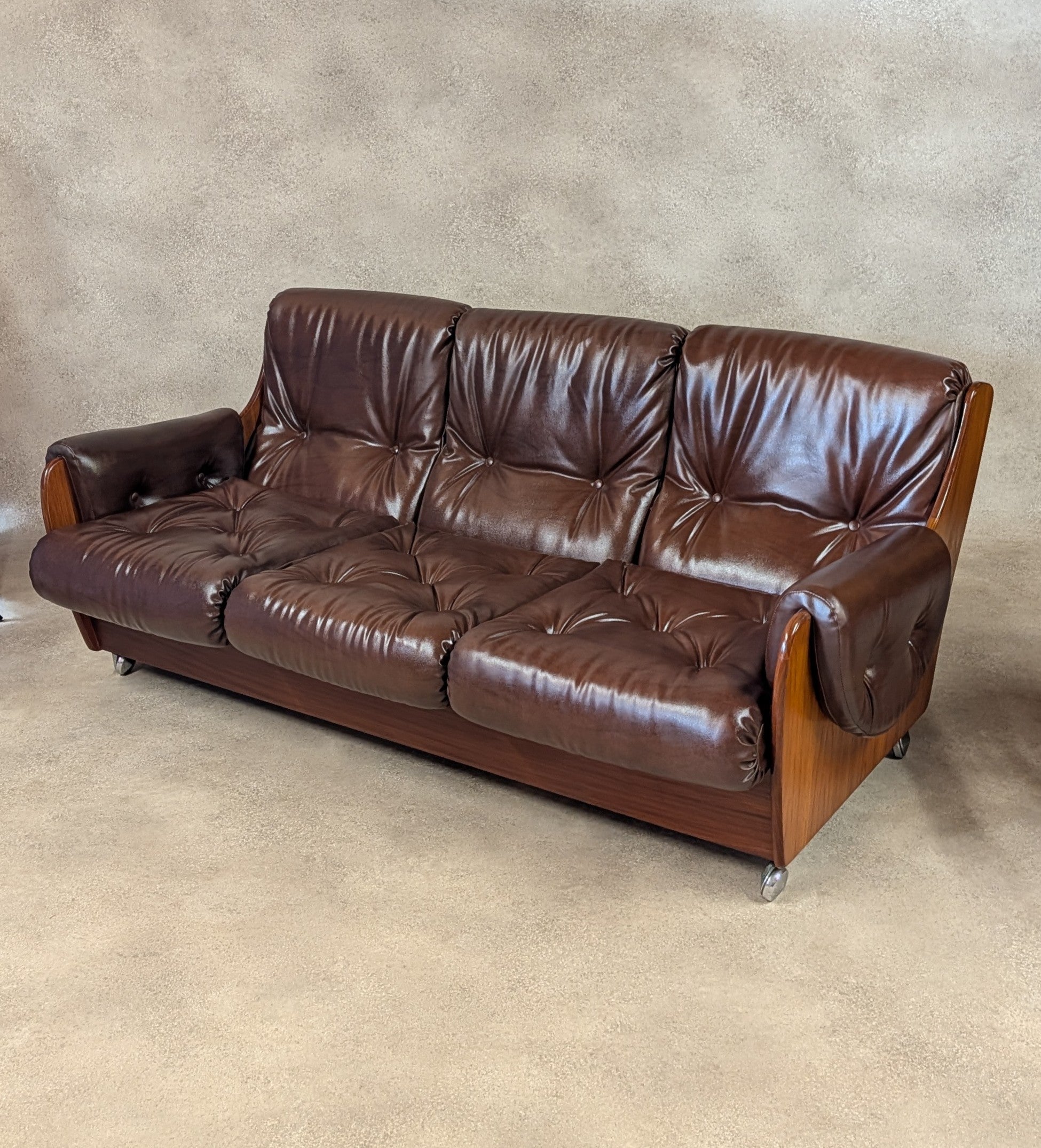 Mid Century G Plan Teak Saddleback 3 Seater Sofa Brown Faux Leather Retro Settee