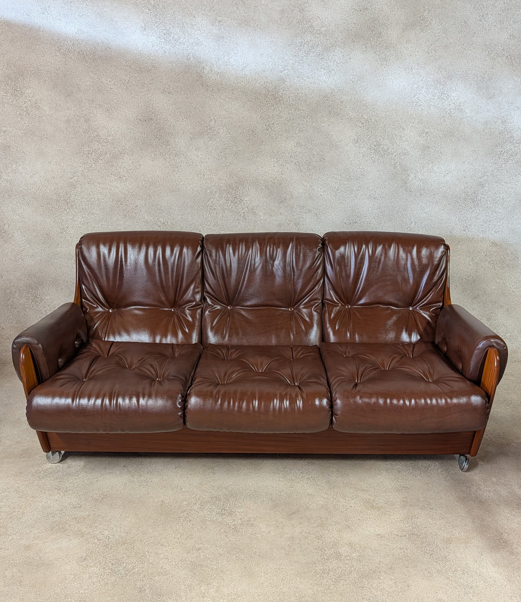 Mid Century G Plan Teak Saddleback 3 Seater Sofa Brown Faux Leather Retro Settee