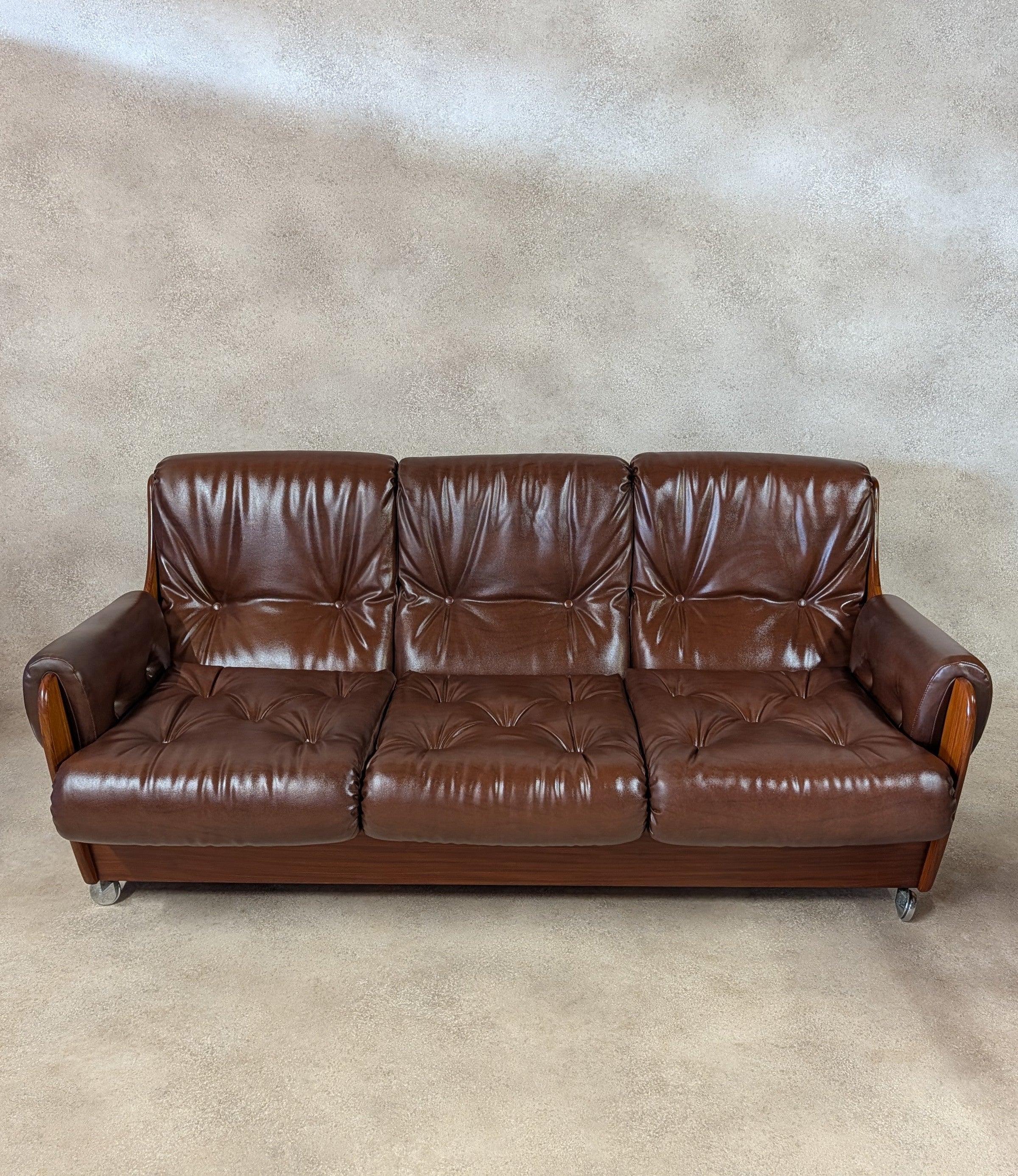Mid Century G Plan Teak Saddleback 3 Seater Sofa Brown Faux Leather Retro Settee