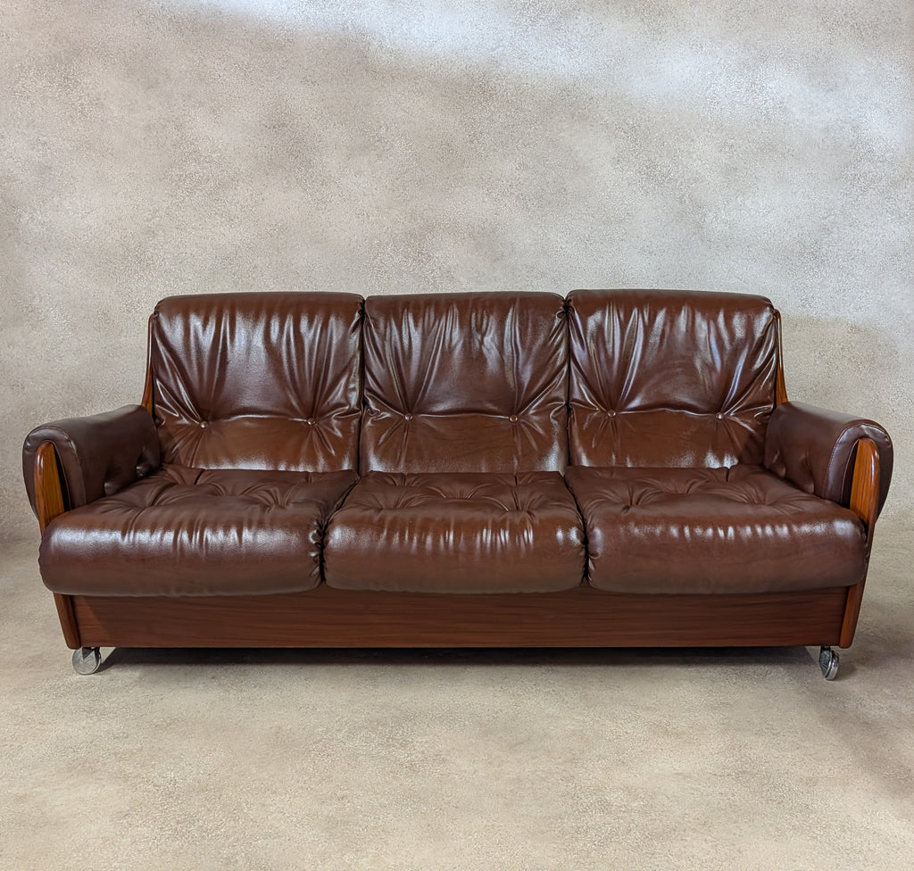 Mid Century G Plan Teak Saddleback 3 Seater Sofa Brown Faux Leather Retro Settee
