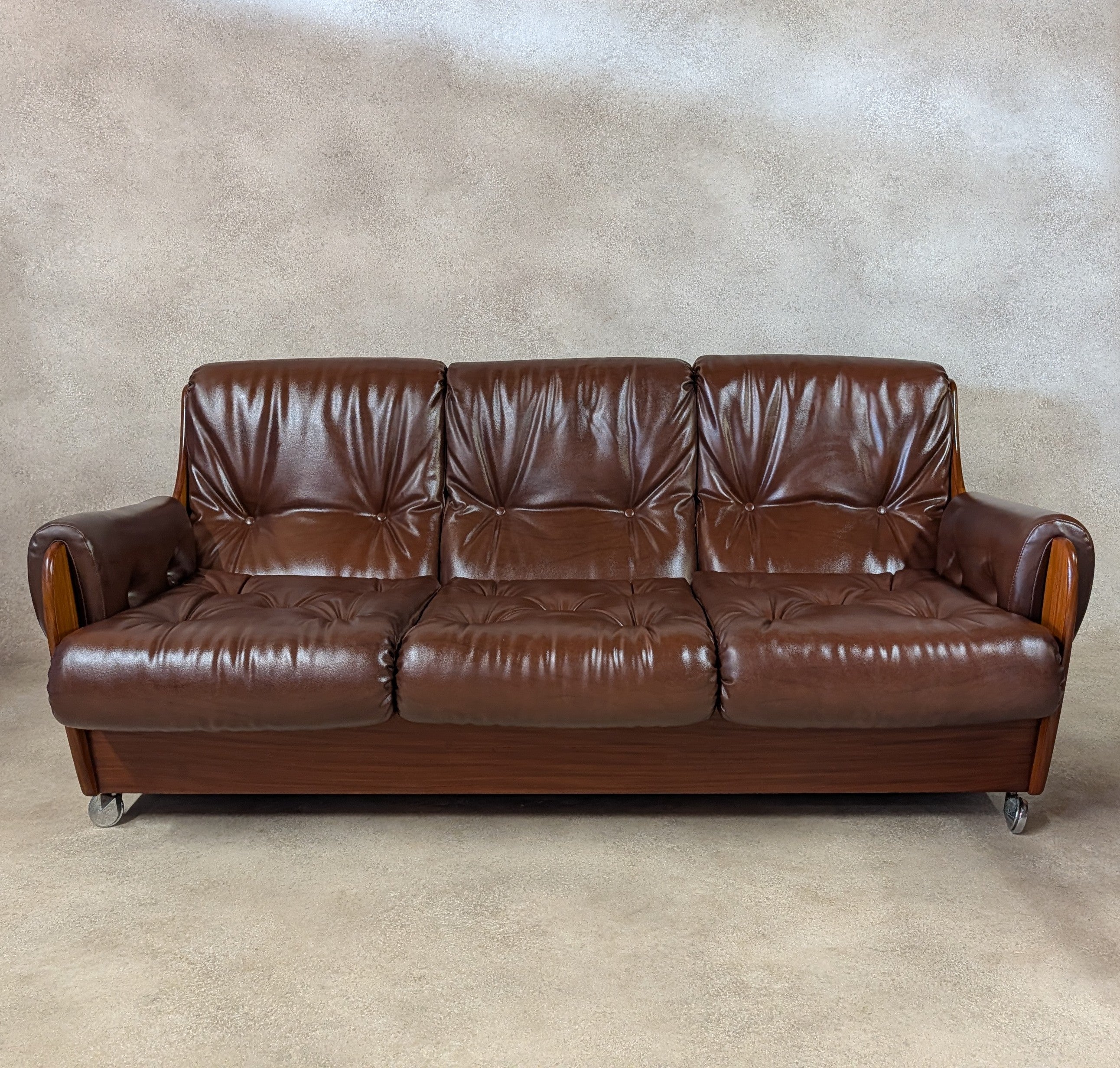 Mid Century G Plan Teak Saddleback 3 Seater Sofa Brown Faux Leather Retro Settee