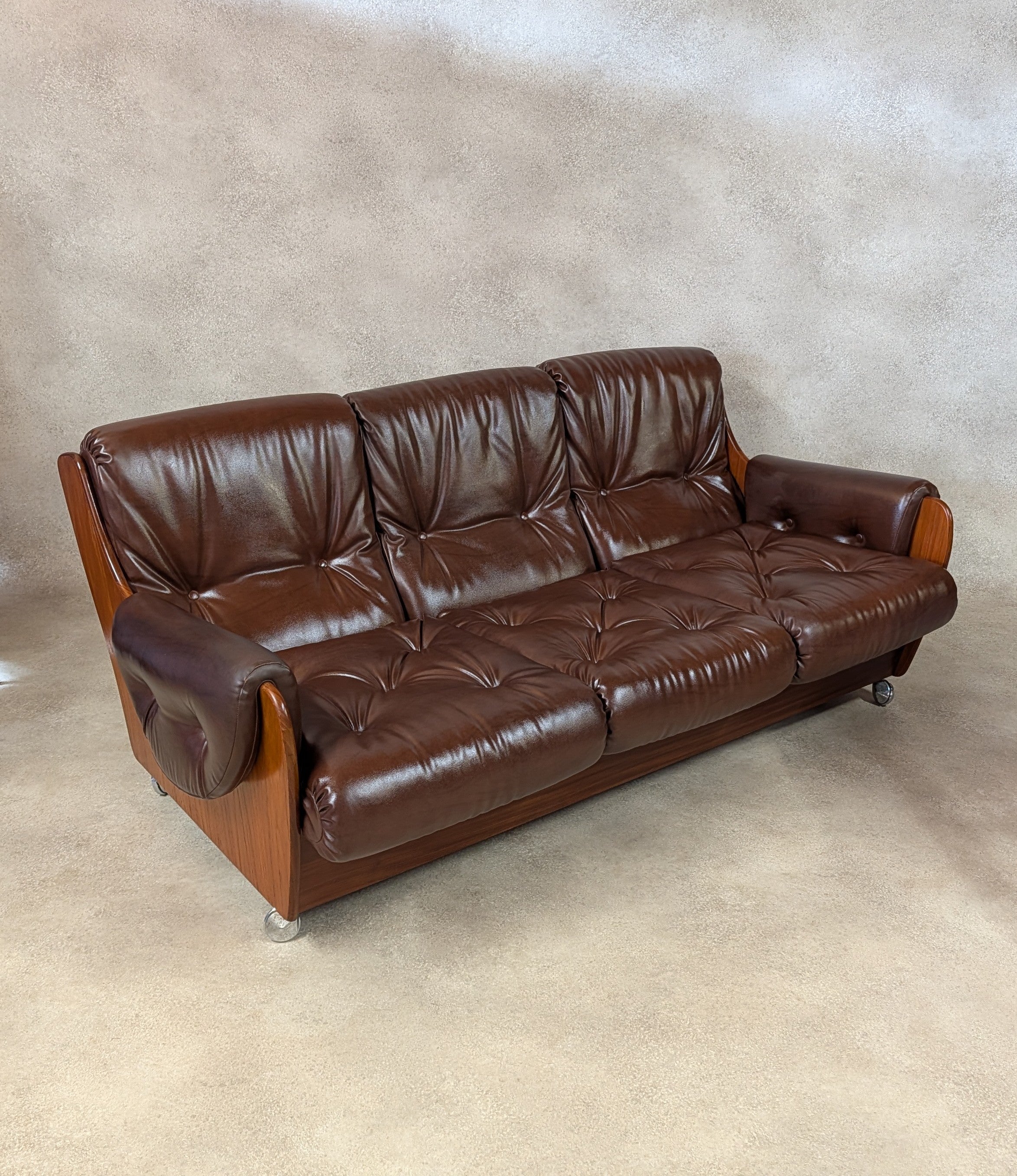 Mid Century G Plan Teak Saddleback 3 Seater Sofa Brown Faux Leather Retro Settee