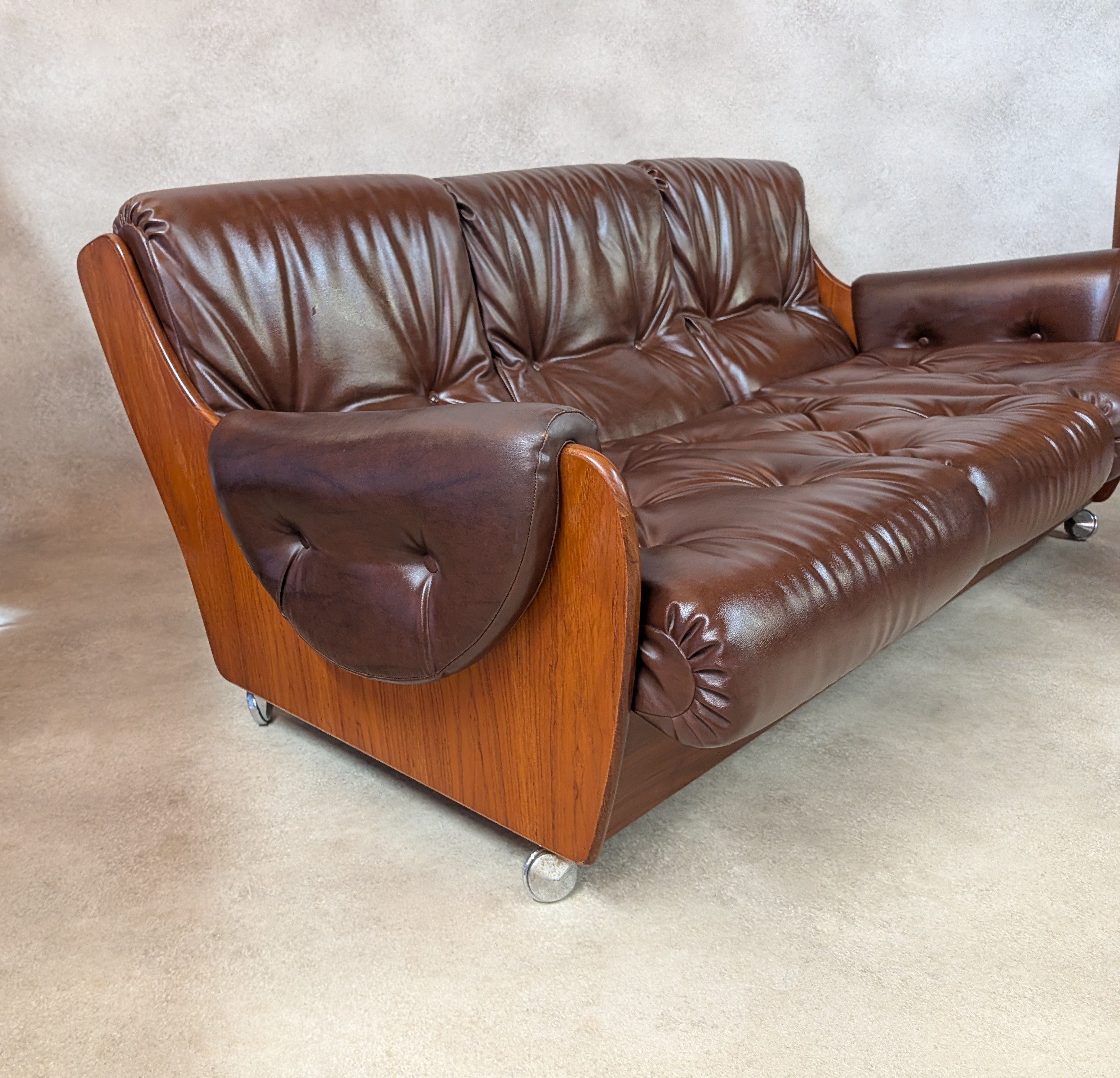 Mid Century G Plan Teak Saddleback 3 Seater Sofa Brown Faux Leather Retro Settee