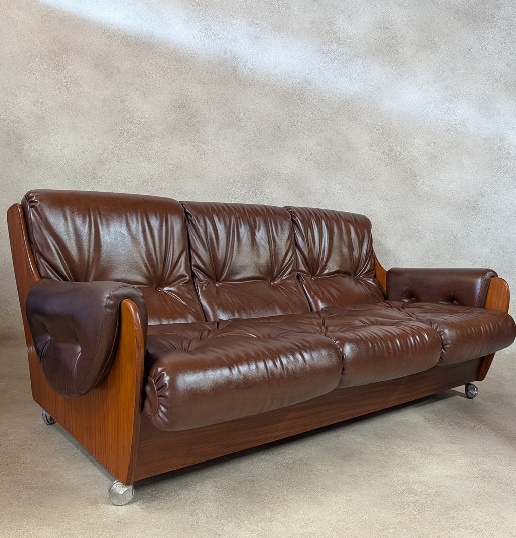 Mid Century G Plan Teak Saddleback 3 Seater Sofa Brown Faux Leather Retro Settee