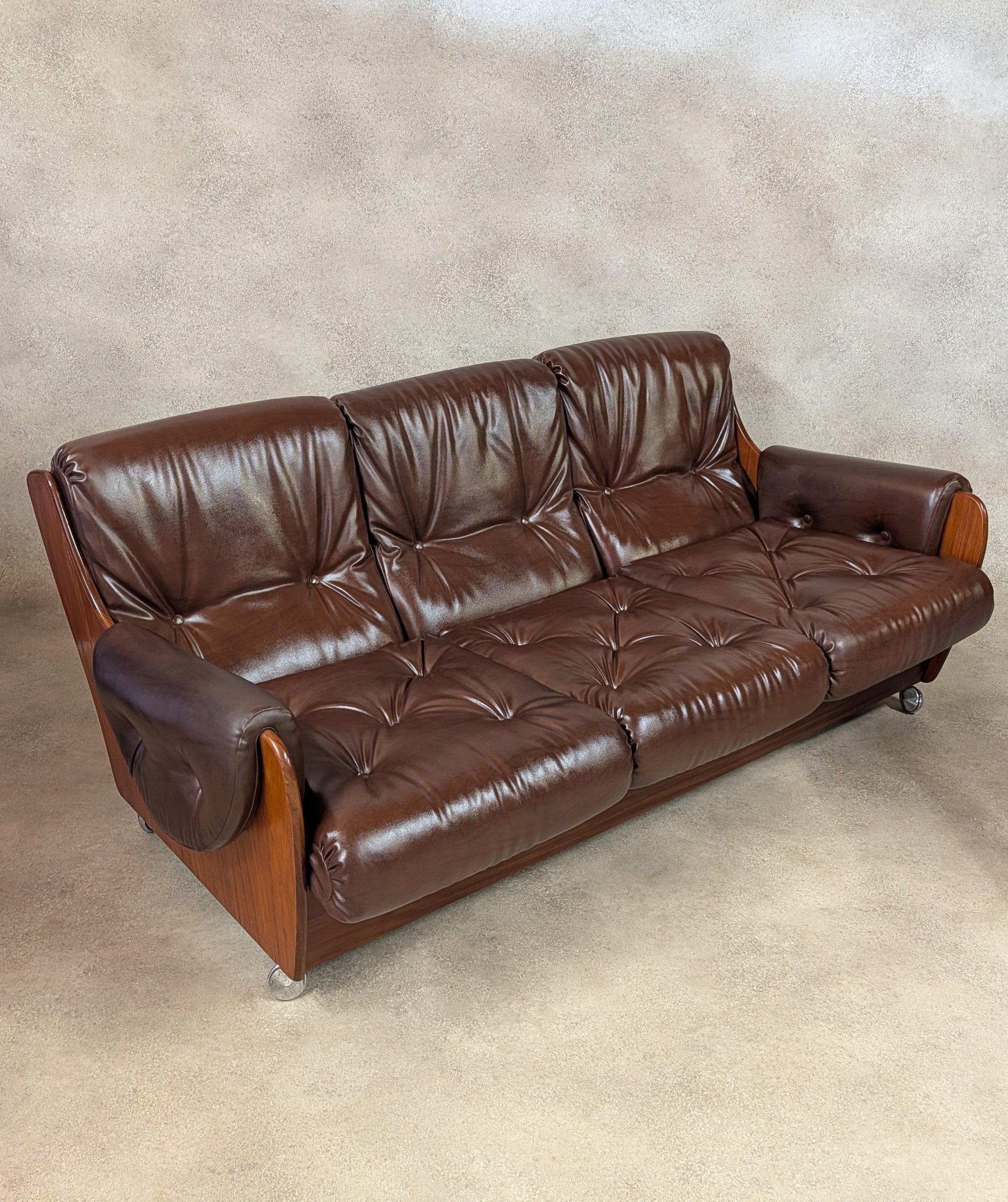 Mid Century G Plan Teak Saddleback 3 Seater Sofa Brown Faux Leather Retro Settee