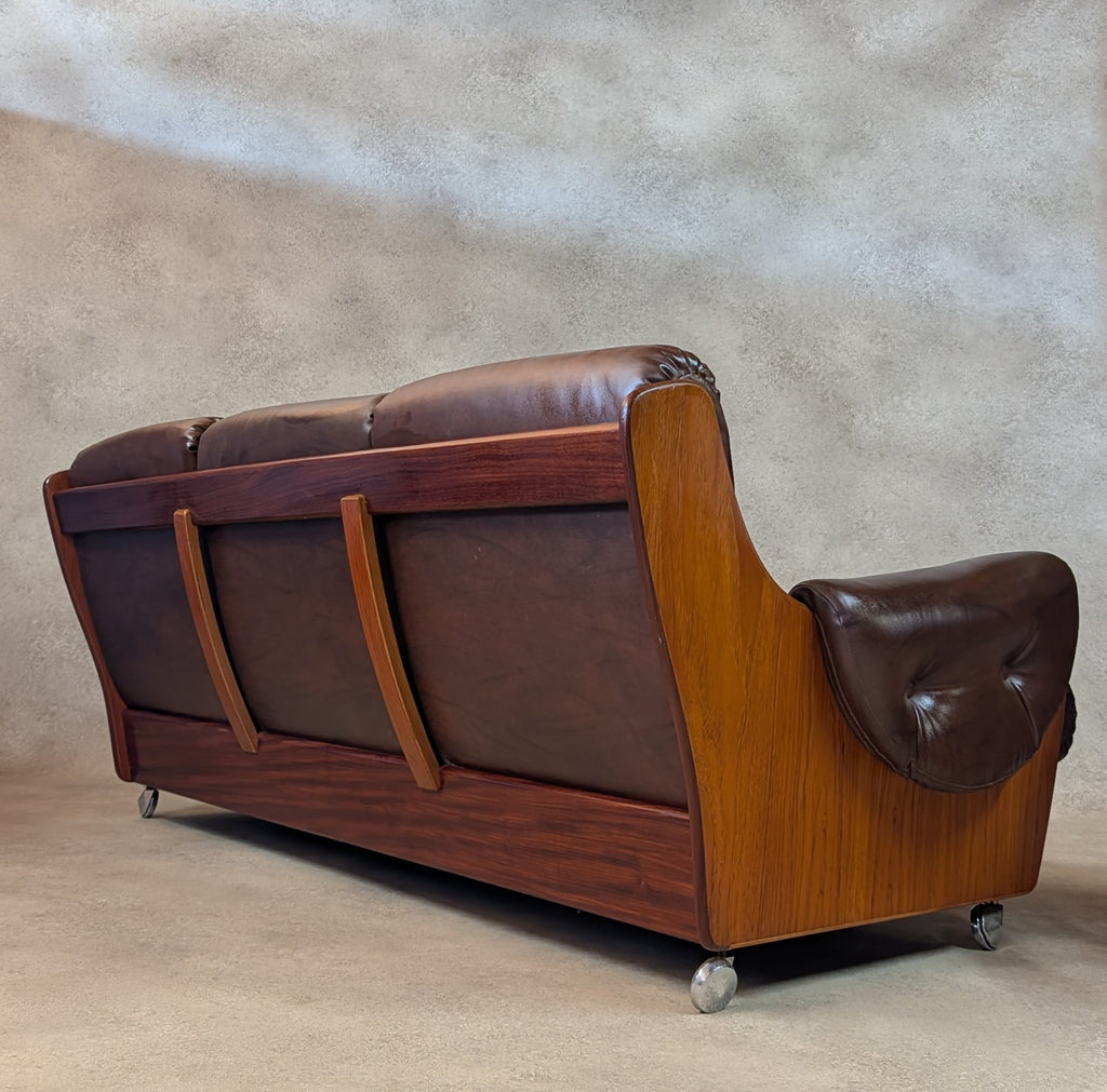 Mid Century G Plan Teak Saddleback 3 Seater Sofa Brown Faux Leather Retro Settee