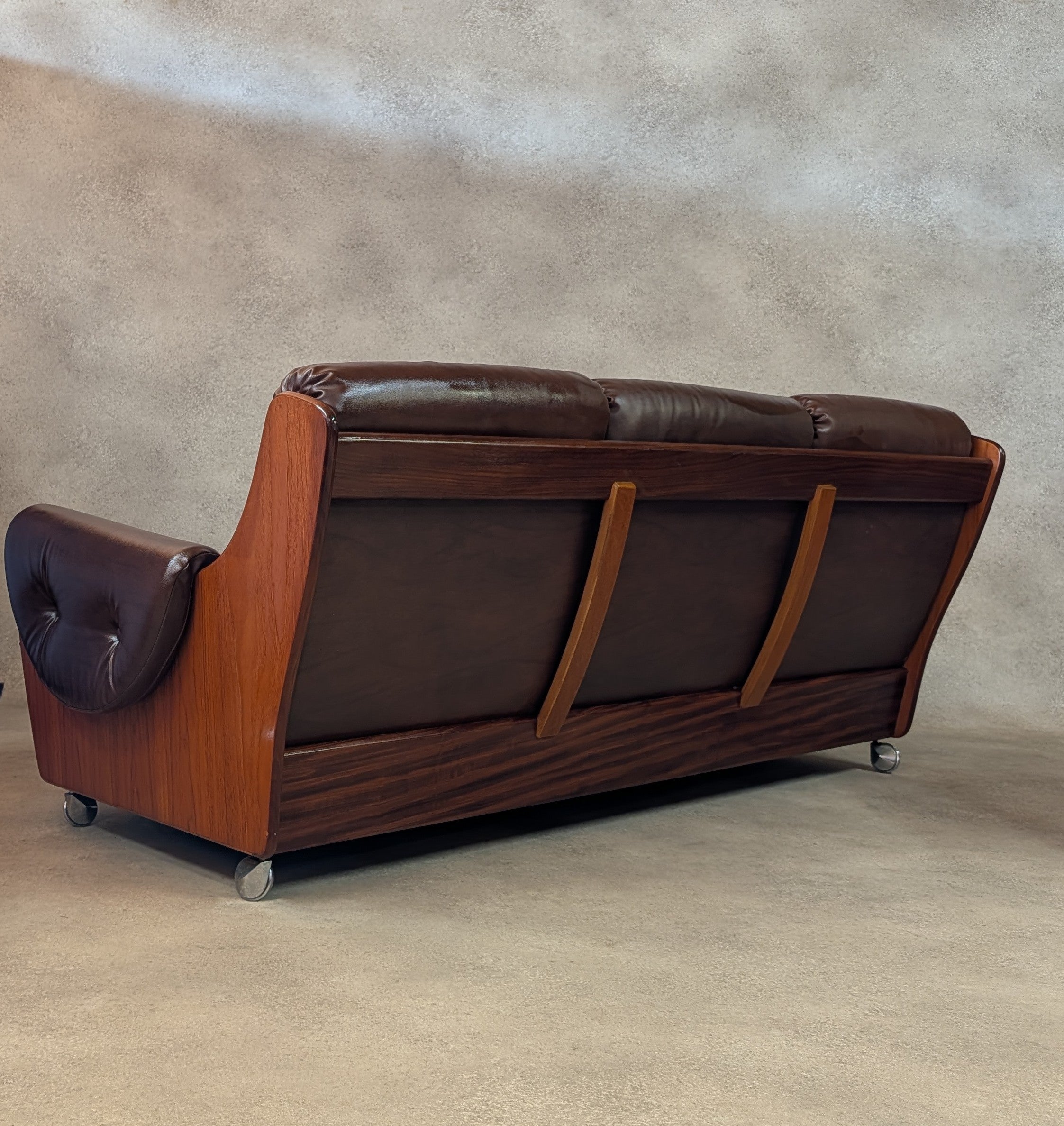 Mid Century G Plan Teak Saddleback 3 Seater Sofa Brown Faux Leather Retro Settee