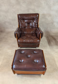 Mid Century G Plan Teak Saddleback Armchair With Stool Brown Faux Leather Retro