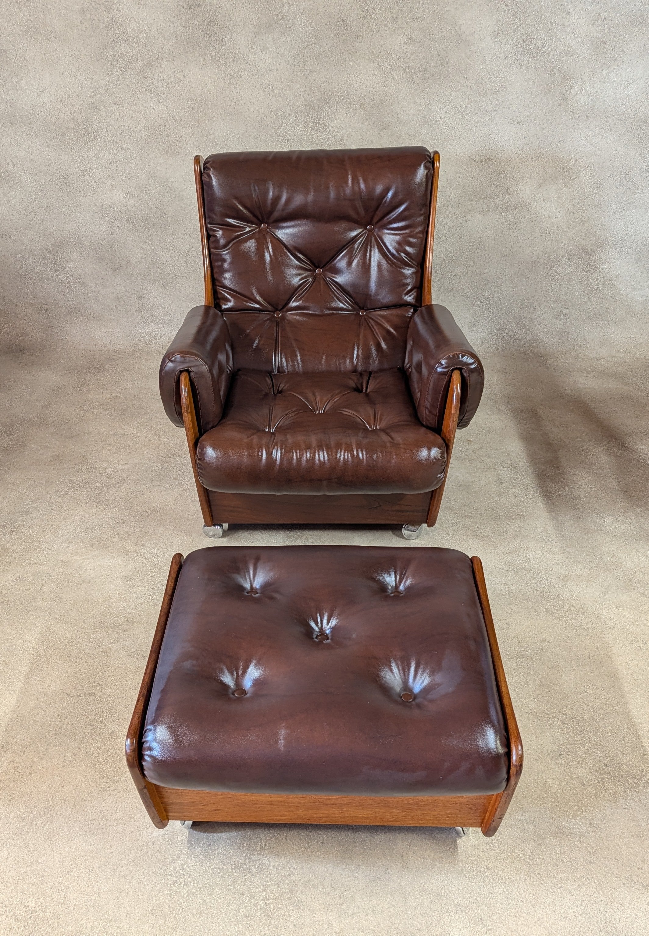 Mid Century G Plan Teak Saddleback Armchair With Stool Brown Faux Leather Retro