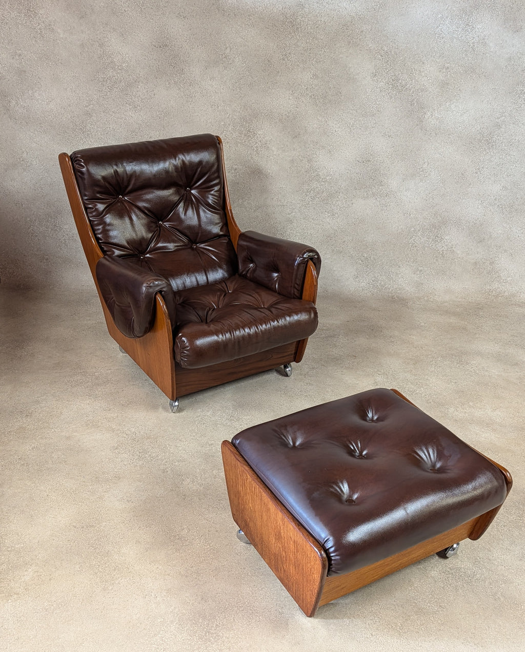 Mid Century G Plan Teak Saddleback Armchair With Stool Brown Faux Leather Retro