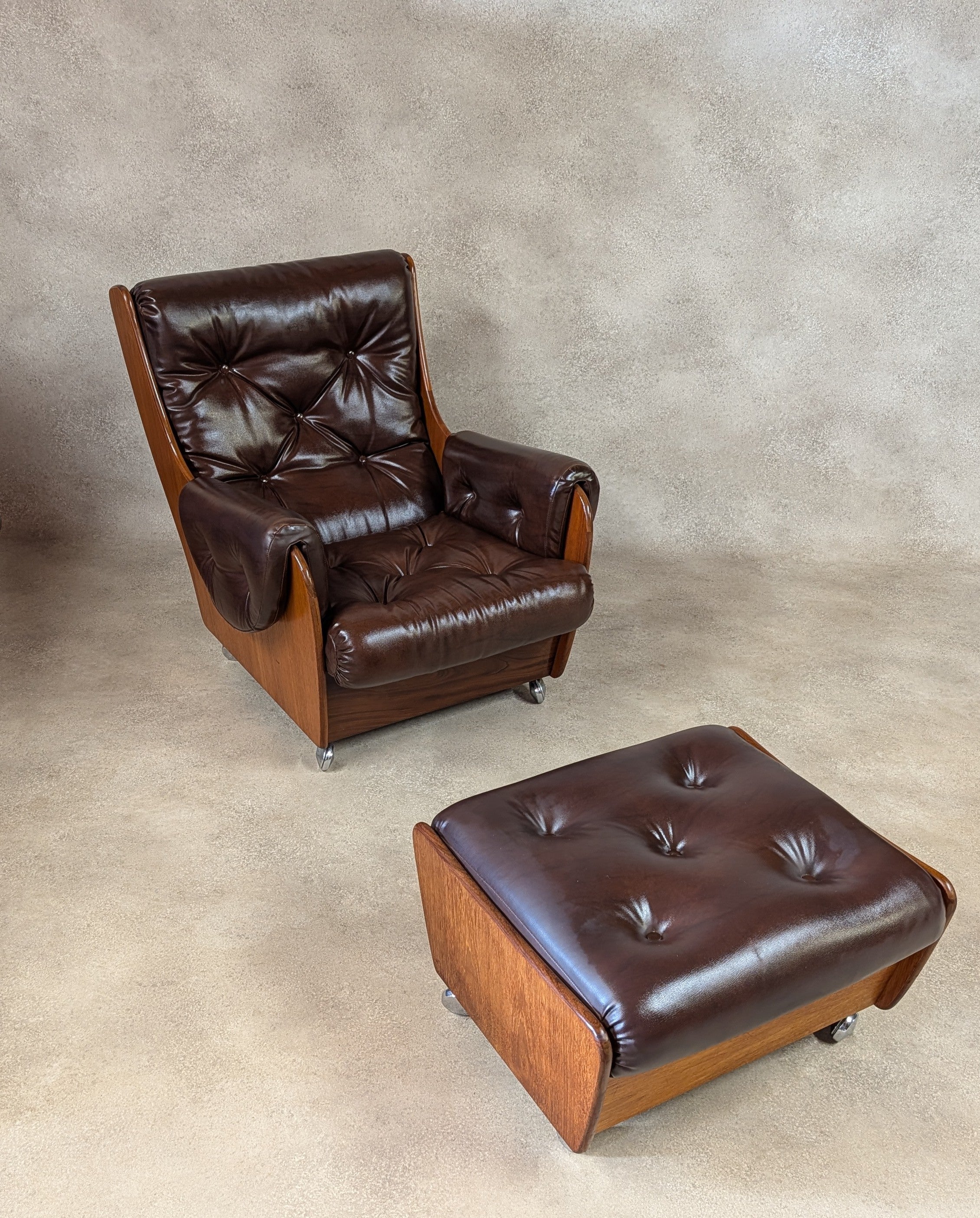 Mid Century G Plan Teak Saddleback Armchair With Stool Brown Faux Leather Retro