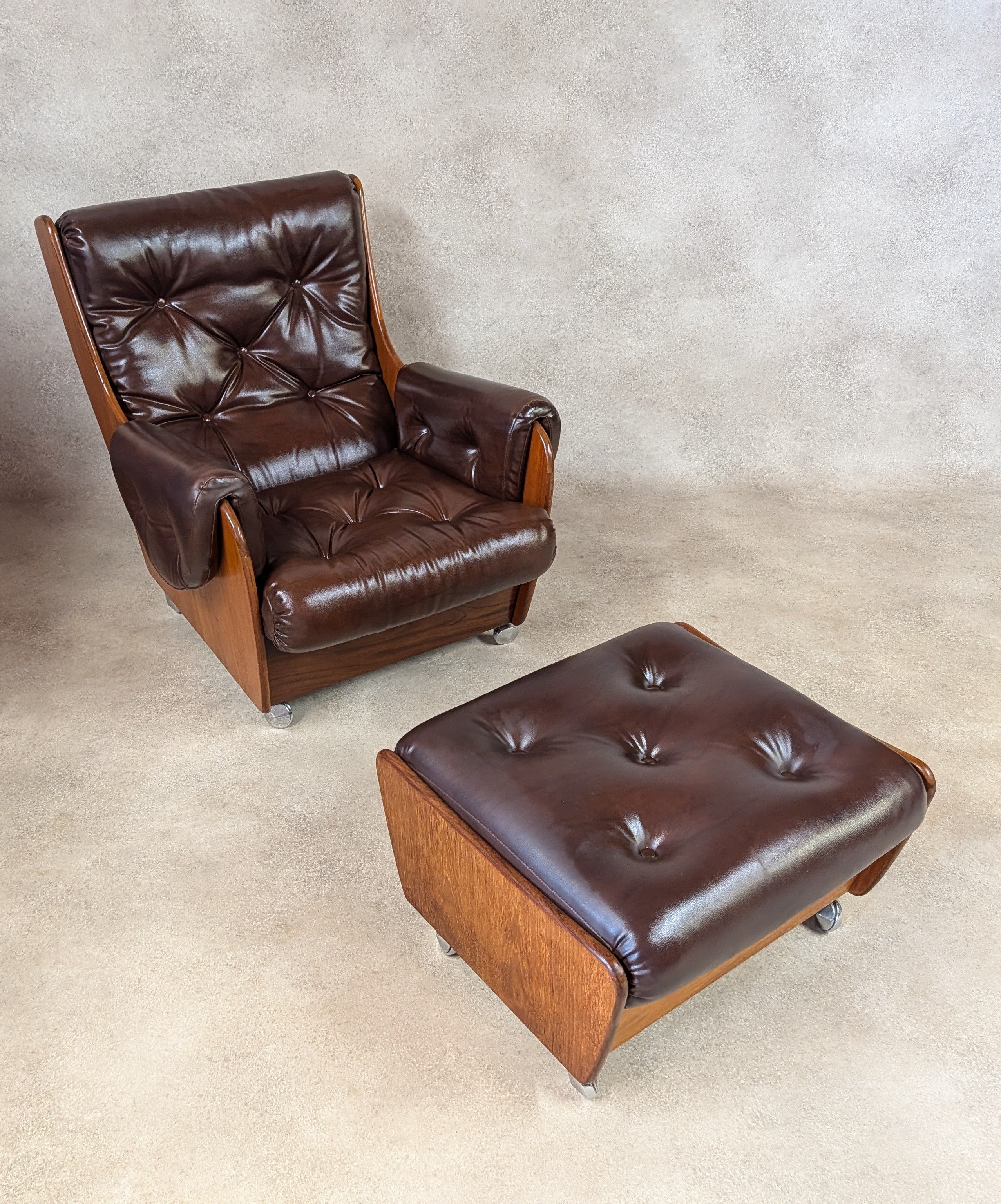 Mid Century G Plan Teak Saddleback Armchair With Stool Brown Faux Leather Retro