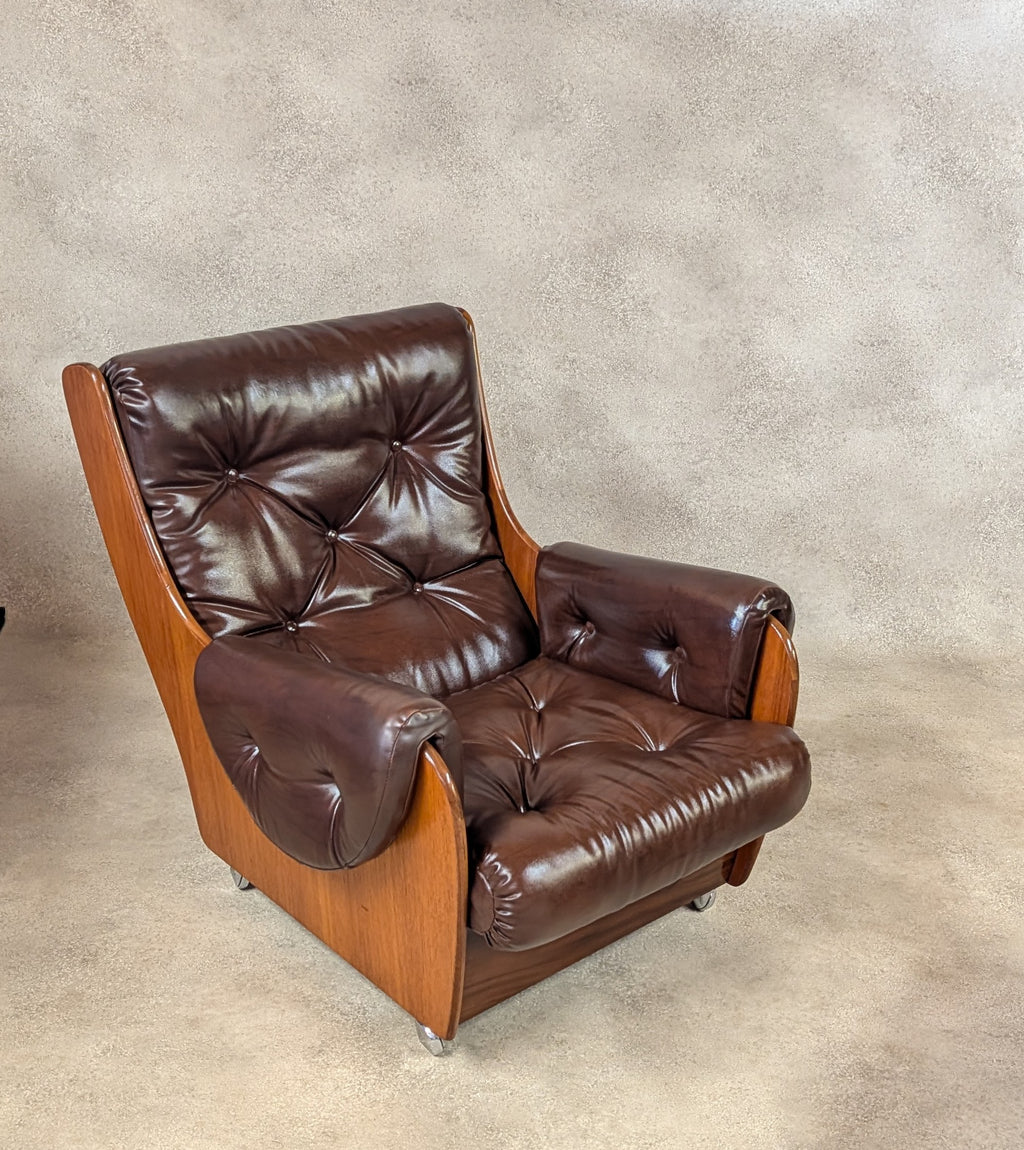 Mid Century G Plan Teak Saddleback Armchair With Stool Brown Faux Leather Retro