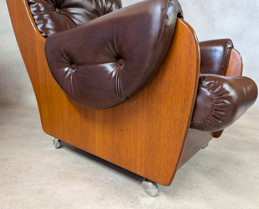 Mid Century G Plan Teak Saddleback Armchair With Stool Brown Faux Leather Retro