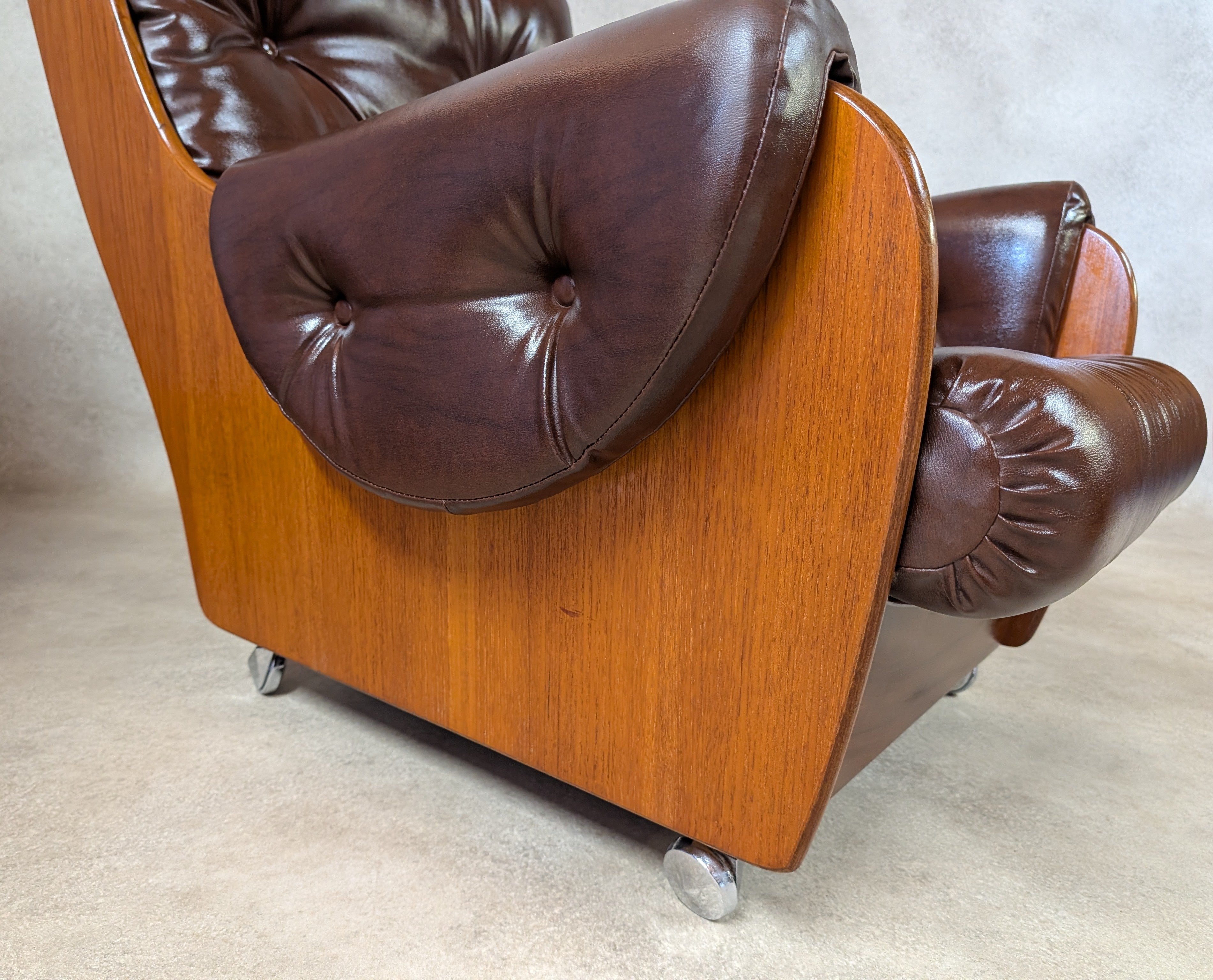 Mid Century G Plan Teak Saddleback Armchair With Stool Brown Faux Leather Retro