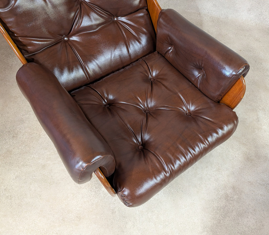 Mid Century G Plan Teak Saddleback Armchair With Stool Brown Faux Leather Retro