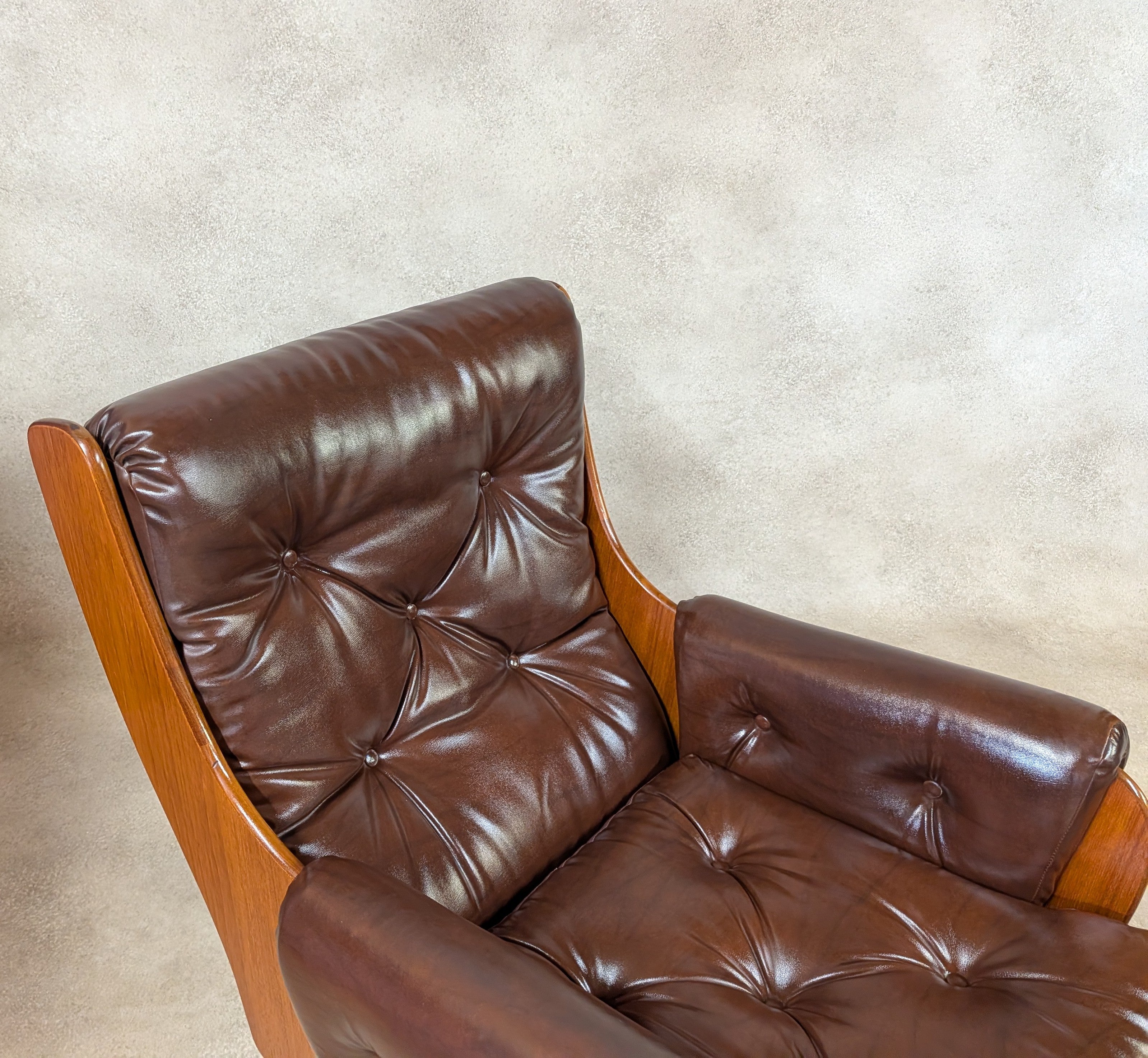 Mid Century G Plan Teak Saddleback Armchair With Stool Brown Faux Leather Retro