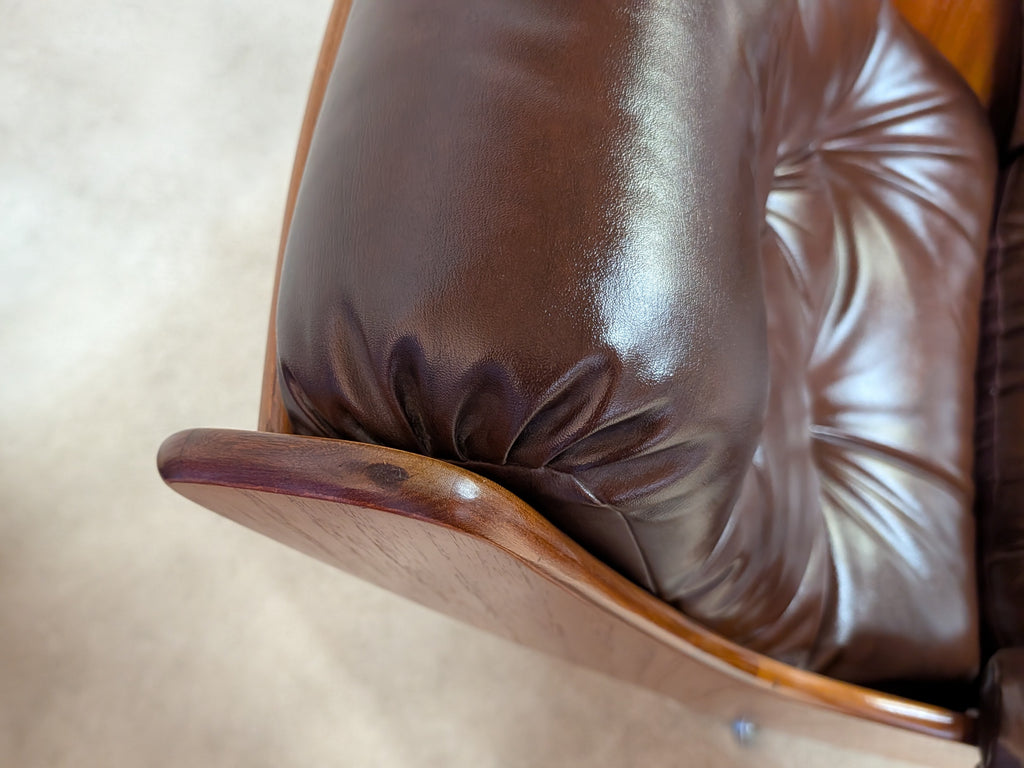 Mid Century G Plan Teak Saddleback Armchair With Stool Brown Faux Leather Retro