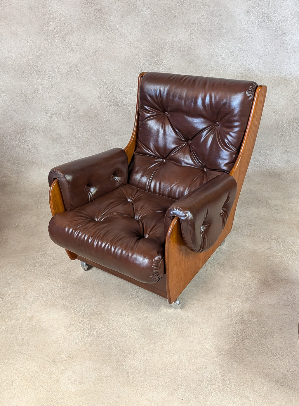 Mid Century G Plan Teak Saddleback Armchair With Stool Brown Faux Leather Retro
