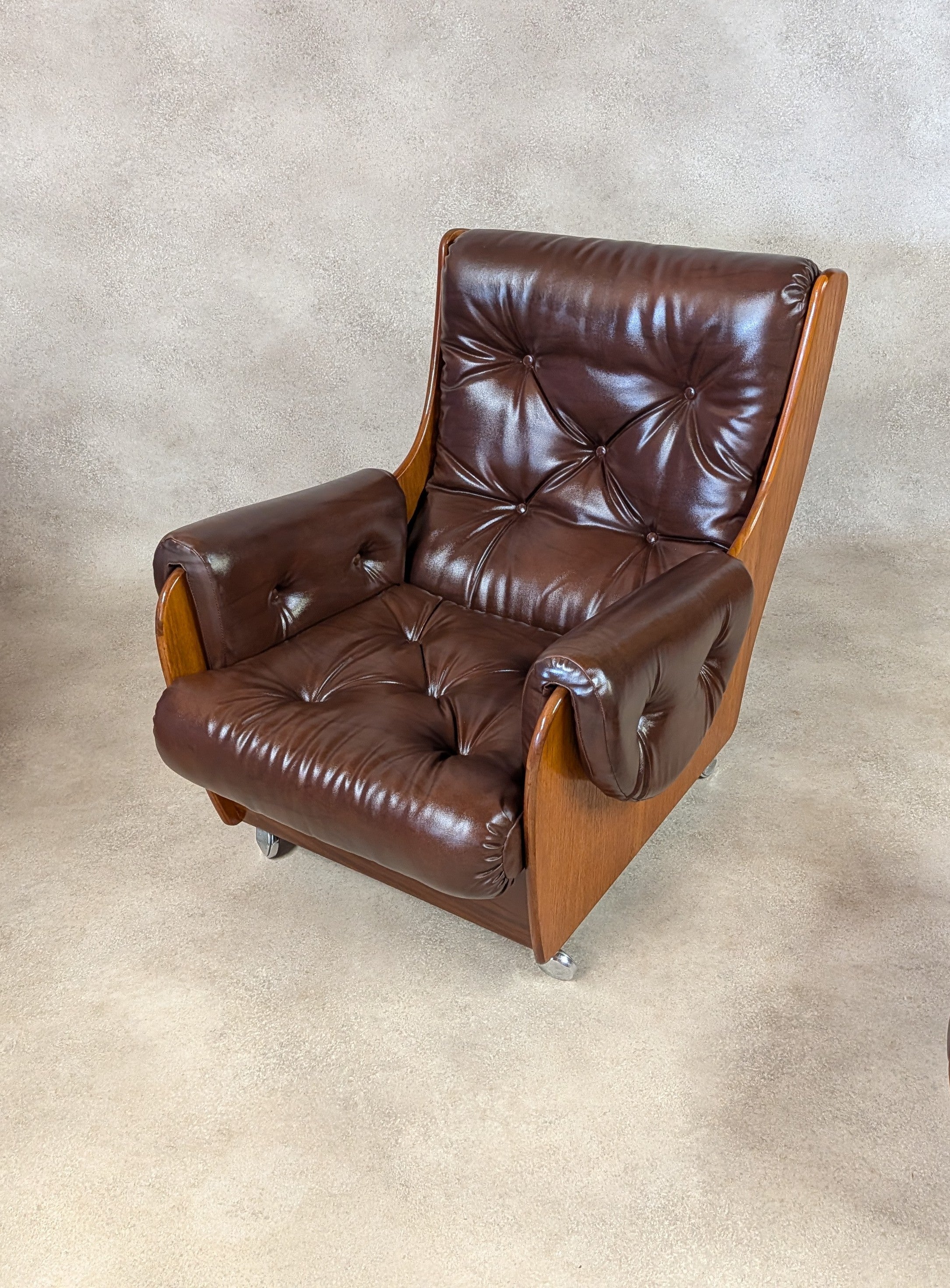 Mid Century G Plan Teak Saddleback Armchair With Stool Brown Faux Leather Retro
