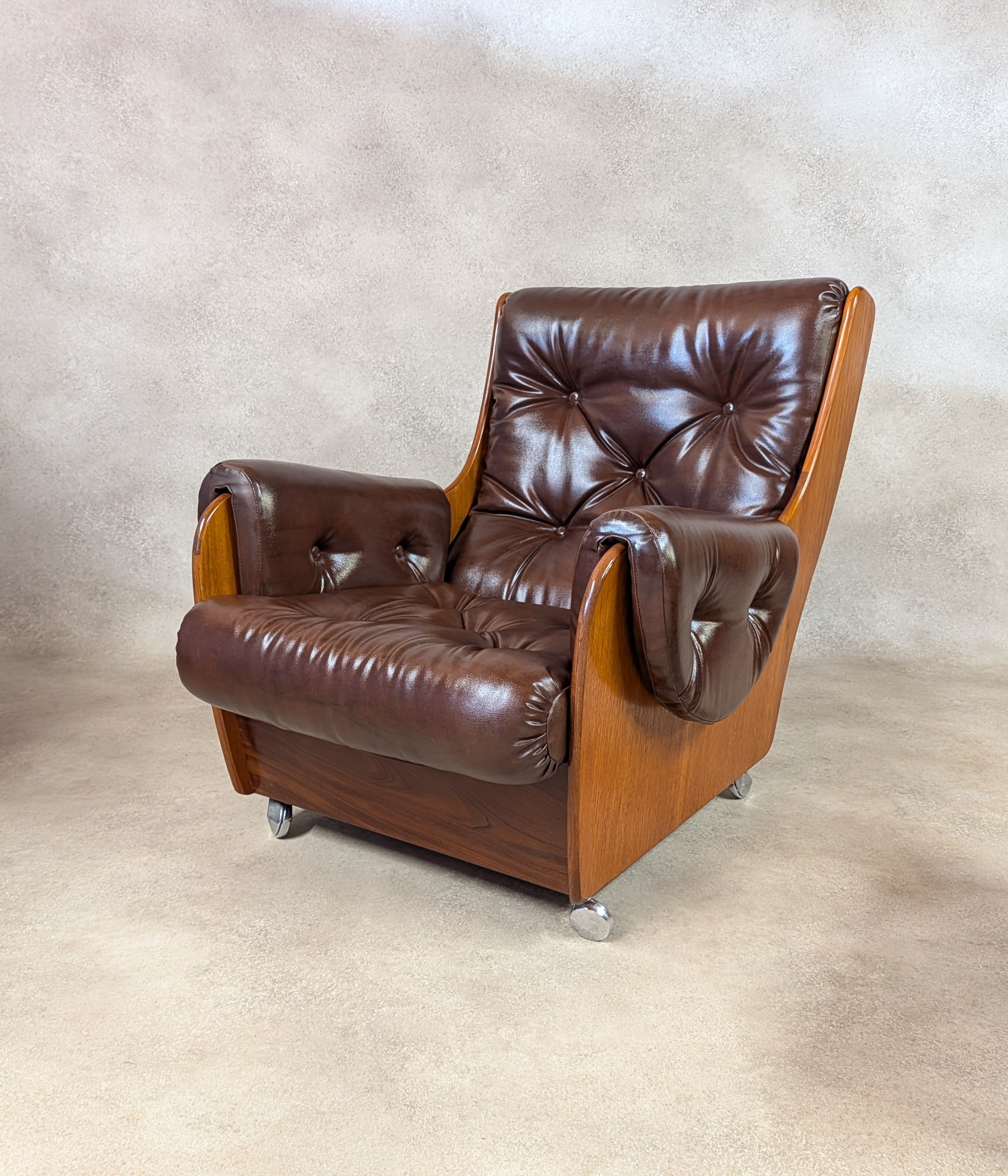 Mid Century G Plan Teak Saddleback Armchair With Stool Brown Faux Leather Retro
