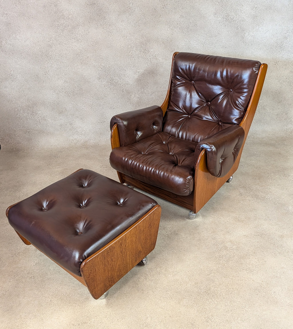 Mid Century G Plan Teak Saddleback Armchair With Stool Brown Faux Leather Retro