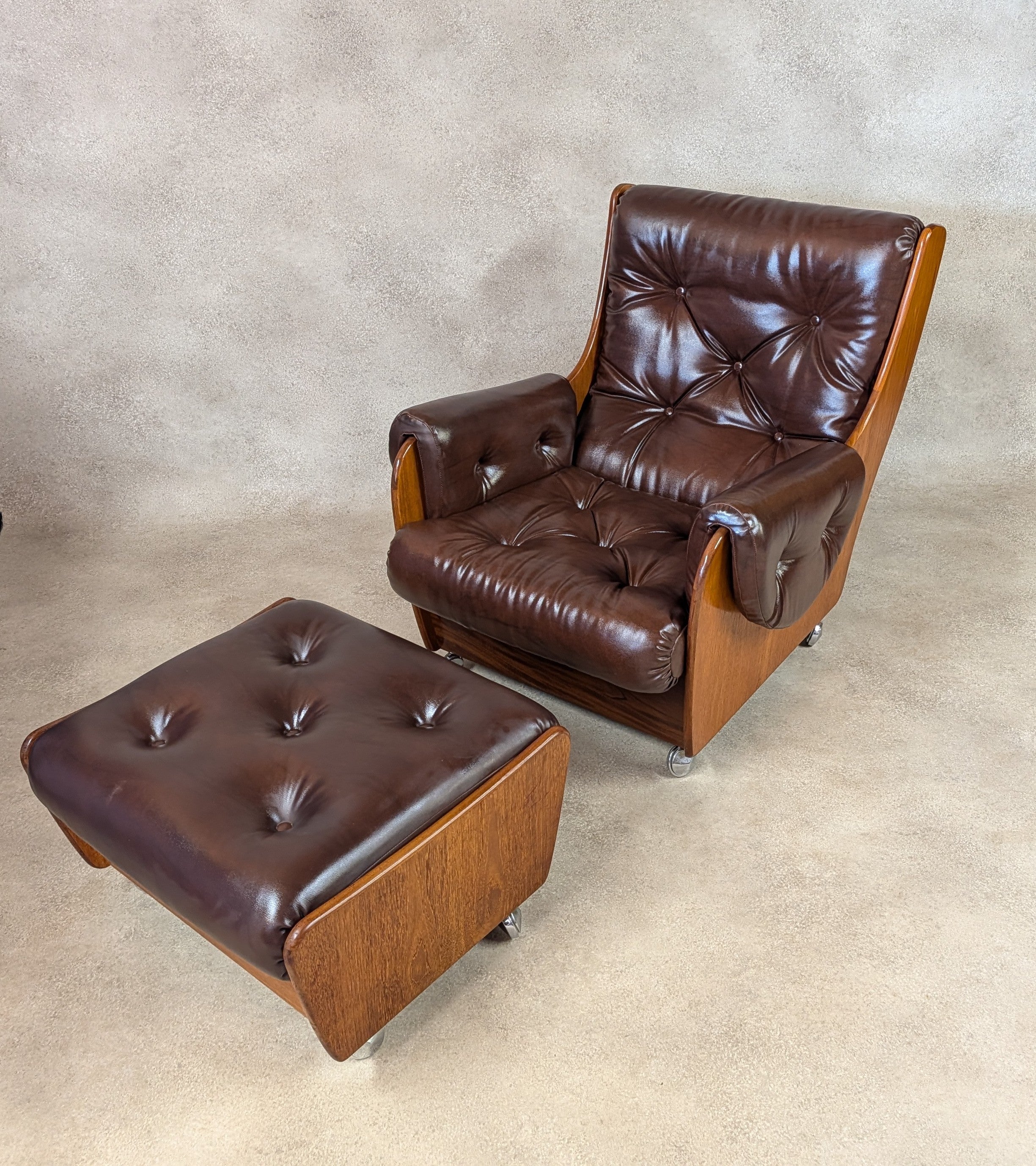 Mid Century G Plan Teak Saddleback Armchair With Stool Brown Faux Leather Retro