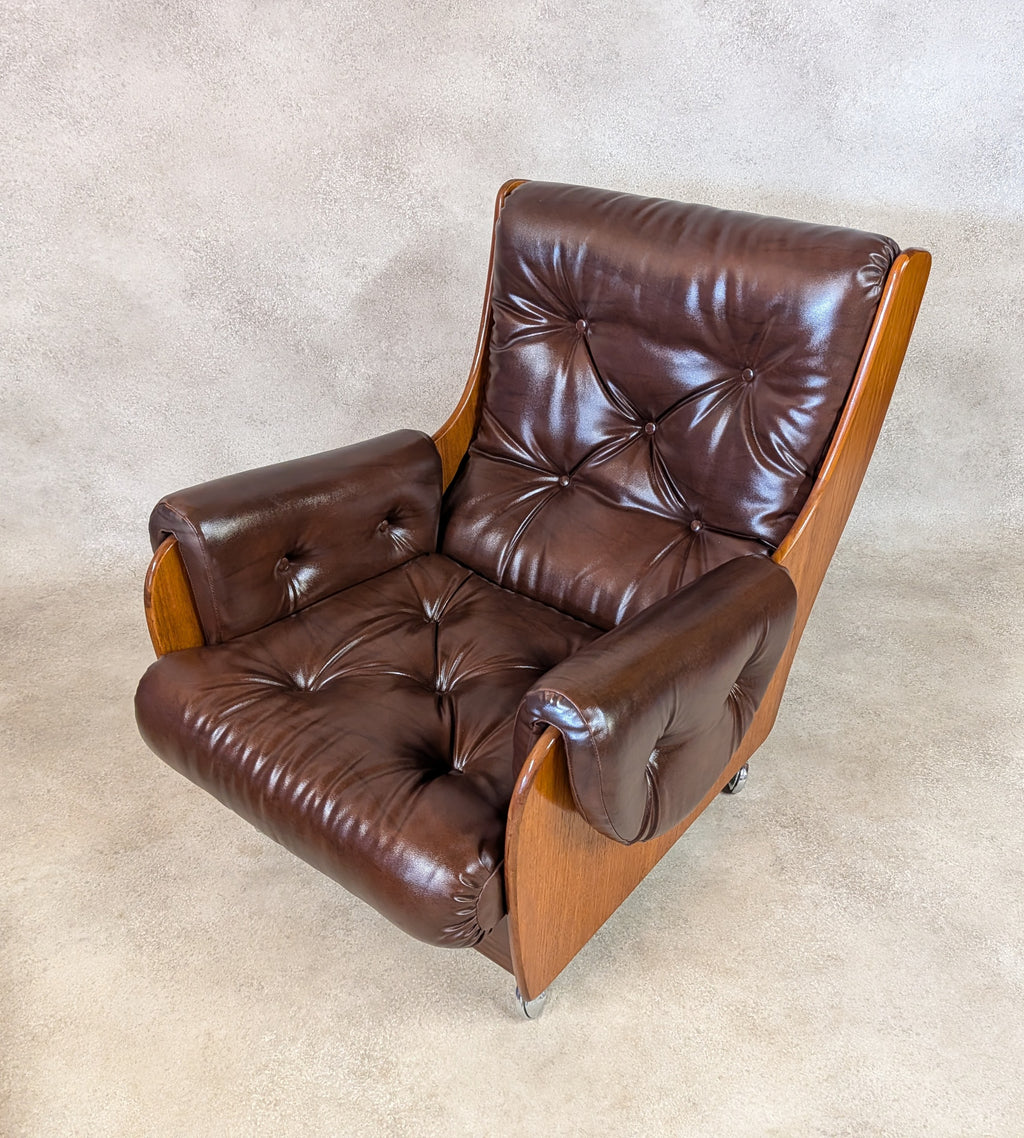 Mid Century G Plan Teak Saddleback Armchair With Stool Brown Faux Leather Retro