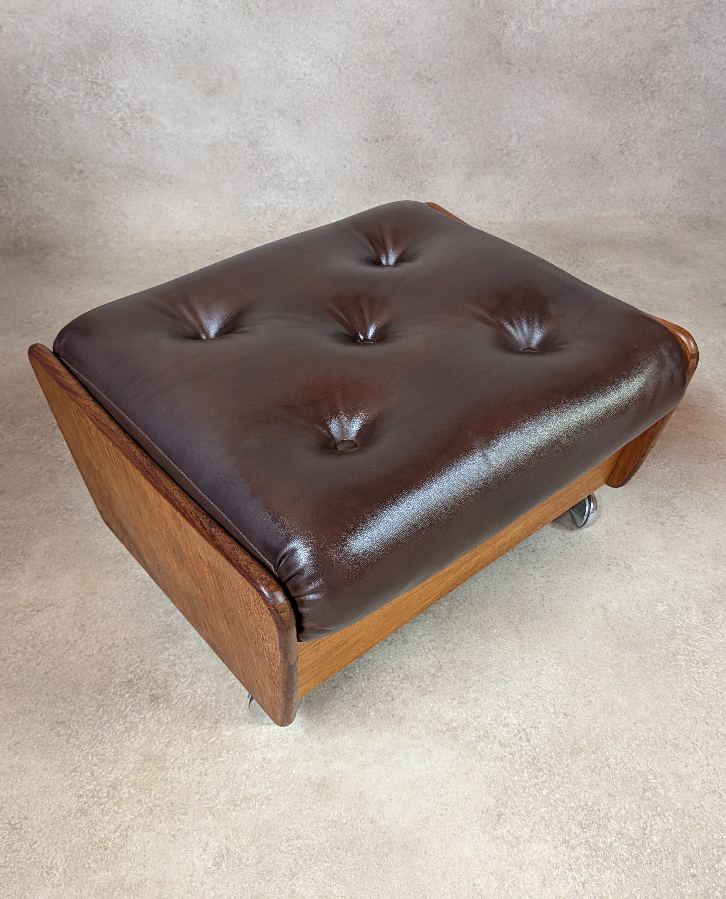 Mid Century G Plan Teak Saddleback Armchair With Stool Brown Faux Leather Retro