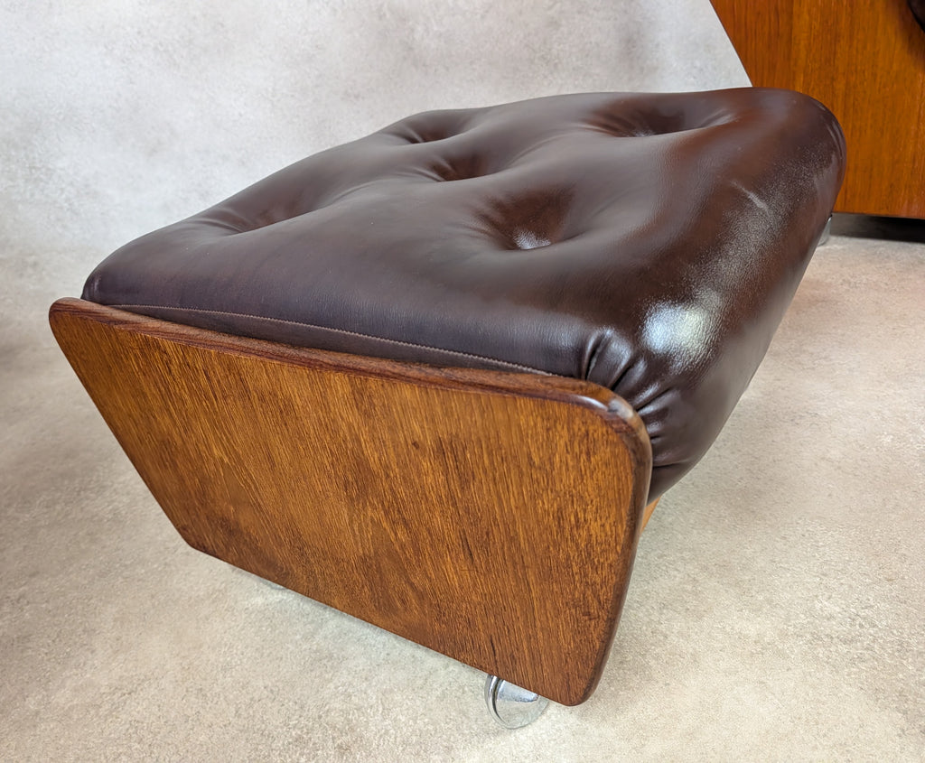 Mid Century G Plan Teak Saddleback Armchair With Stool Brown Faux Leather Retro
