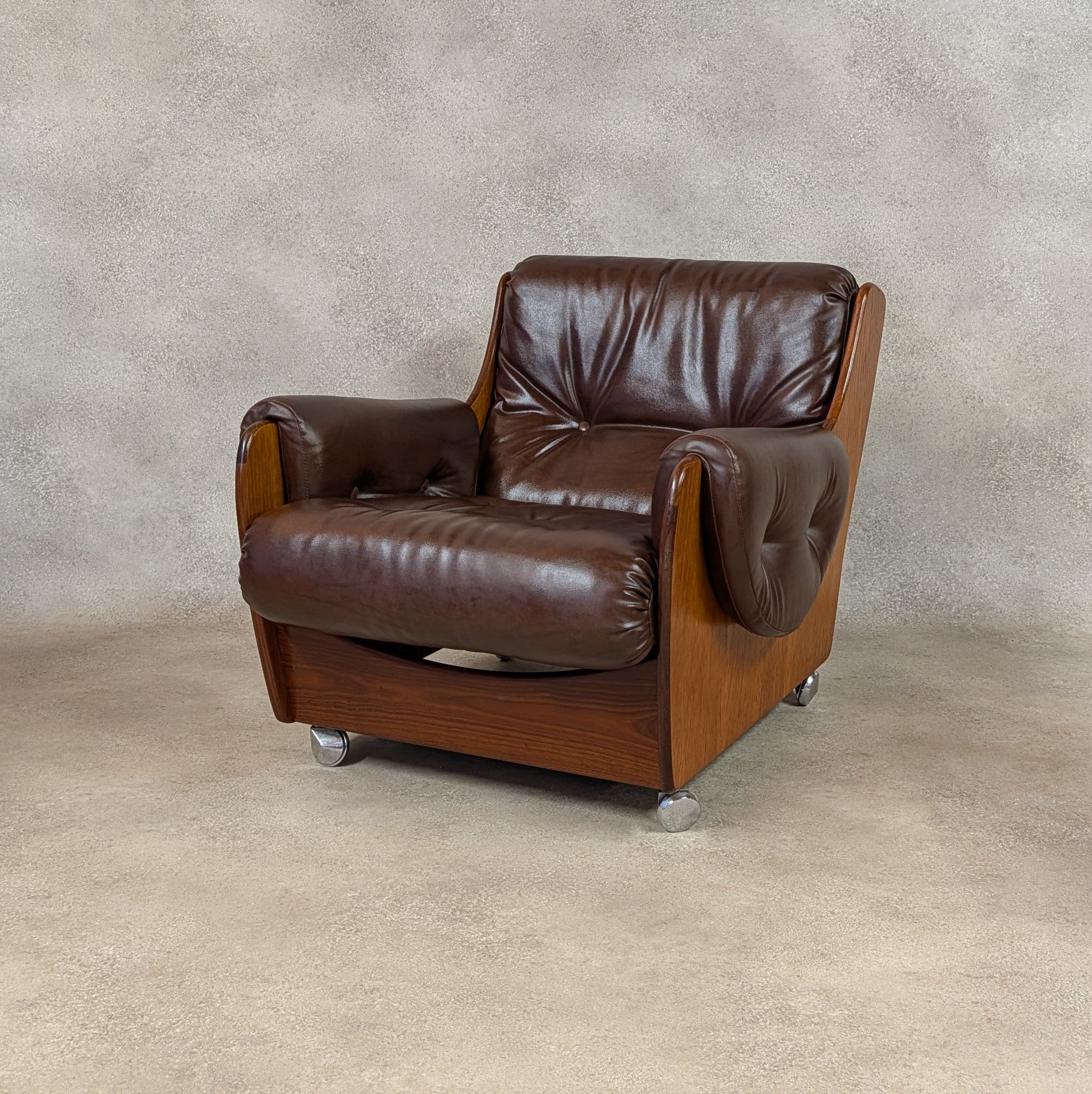 Mid Century G Plan Teak Saddleback Armchair Brown Faux Leather Retro Chair