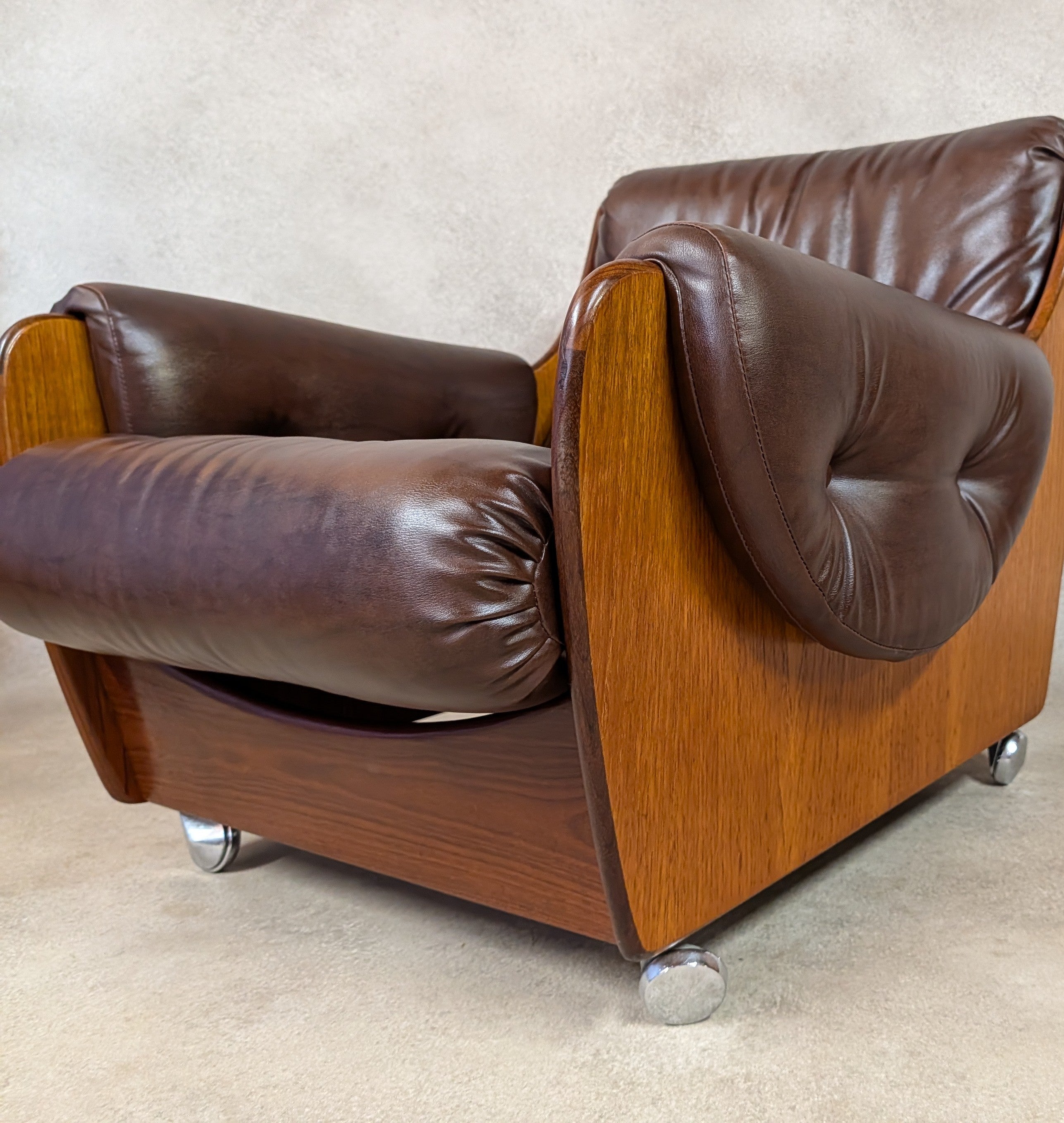Mid Century G Plan Teak Saddleback Armchair Brown Faux Leather Retro Chair