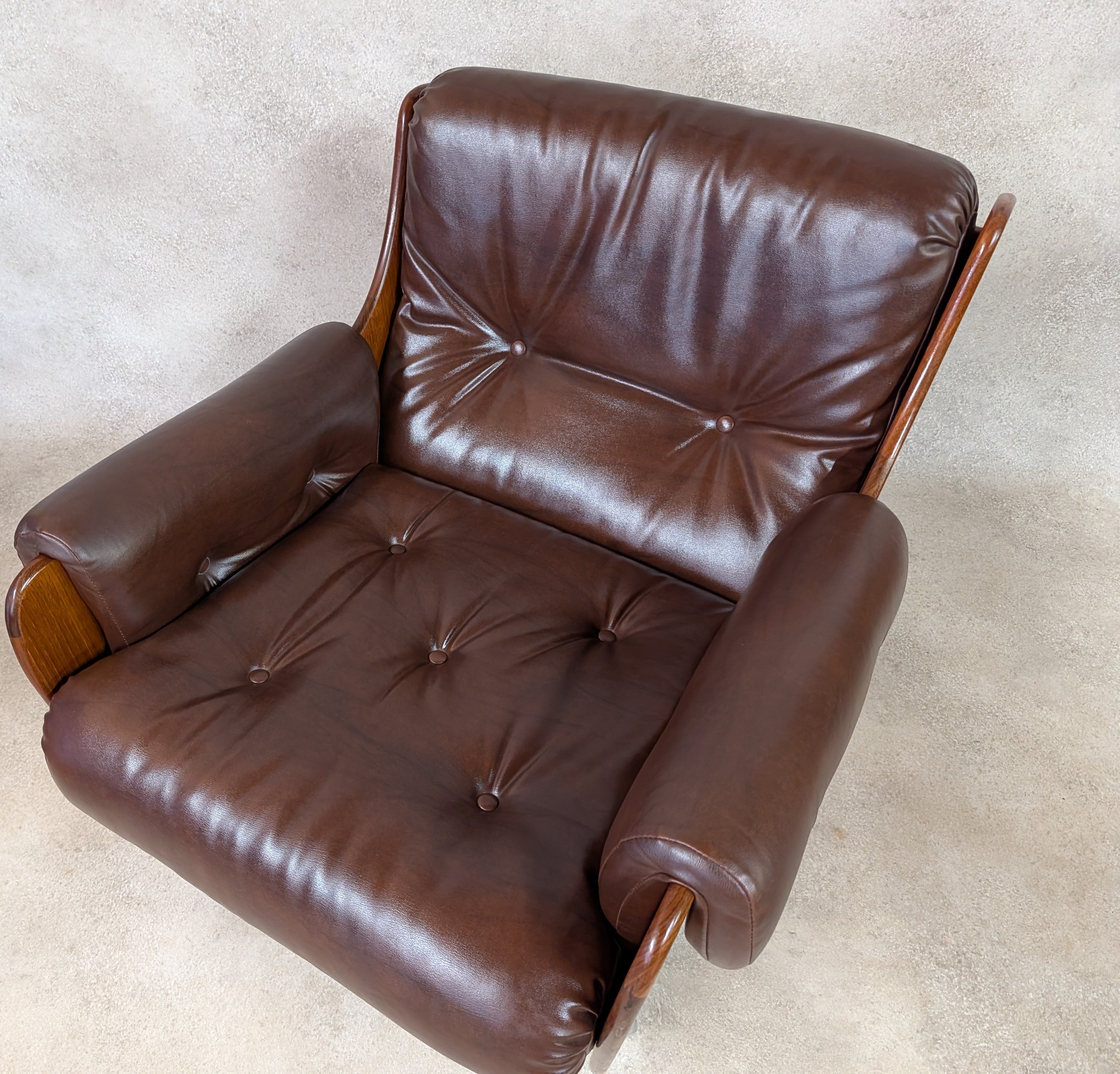 Mid Century G Plan Teak Saddleback Armchair Brown Faux Leather Retro Chair