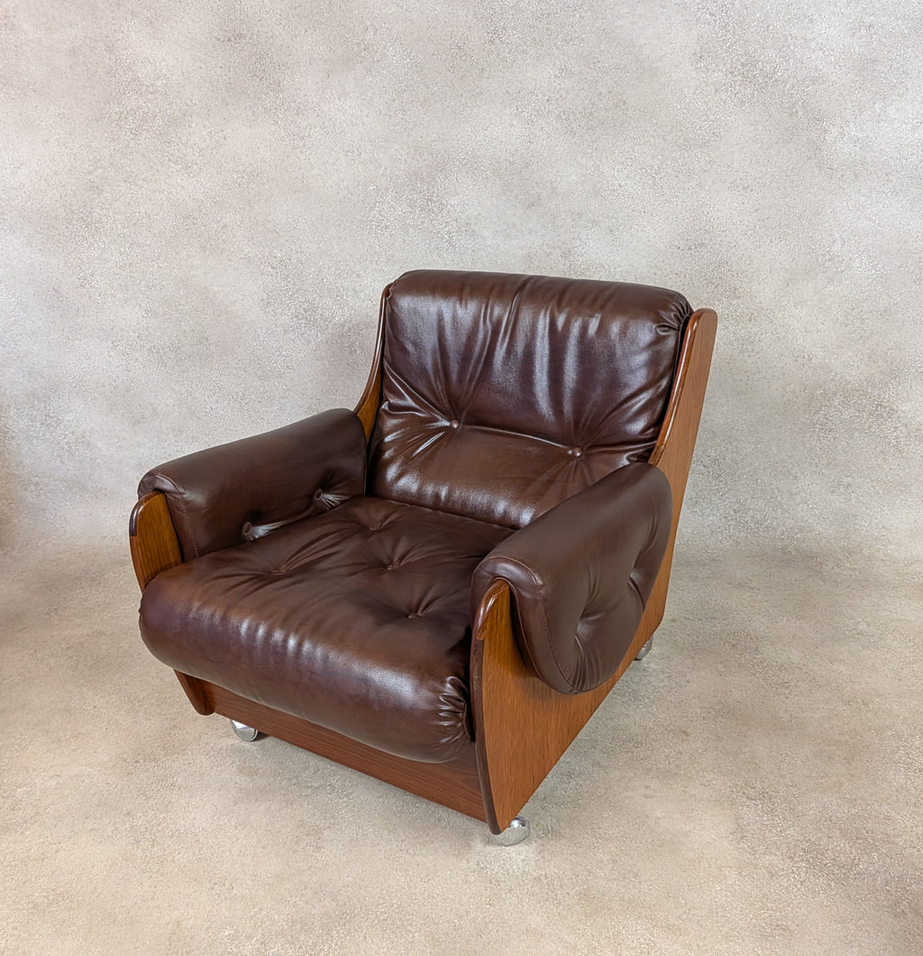 Mid Century G Plan Teak Saddleback Armchair Brown Faux Leather Retro Chair