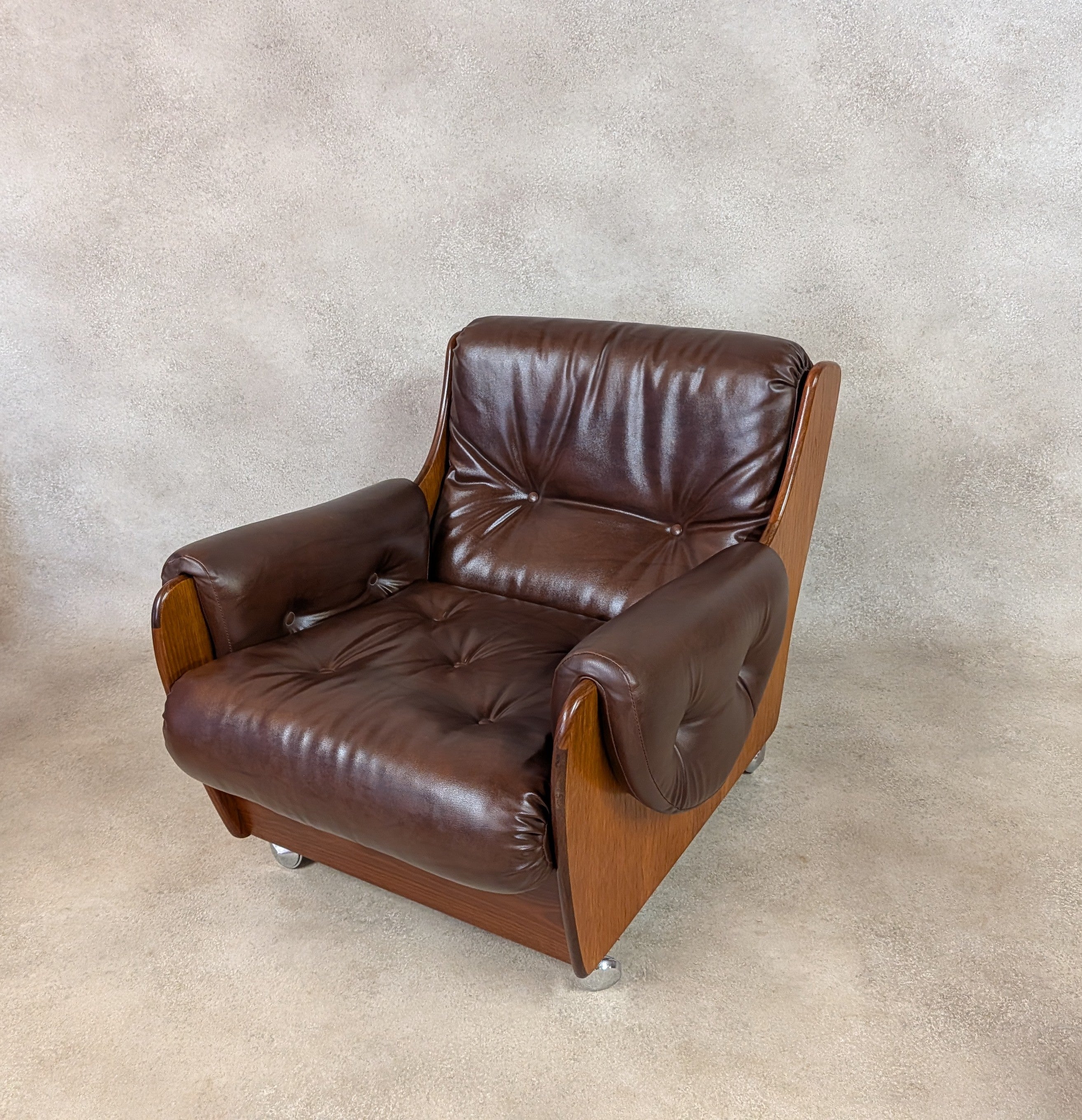 Mid Century G Plan Teak Saddleback Armchair Brown Faux Leather Retro Chair