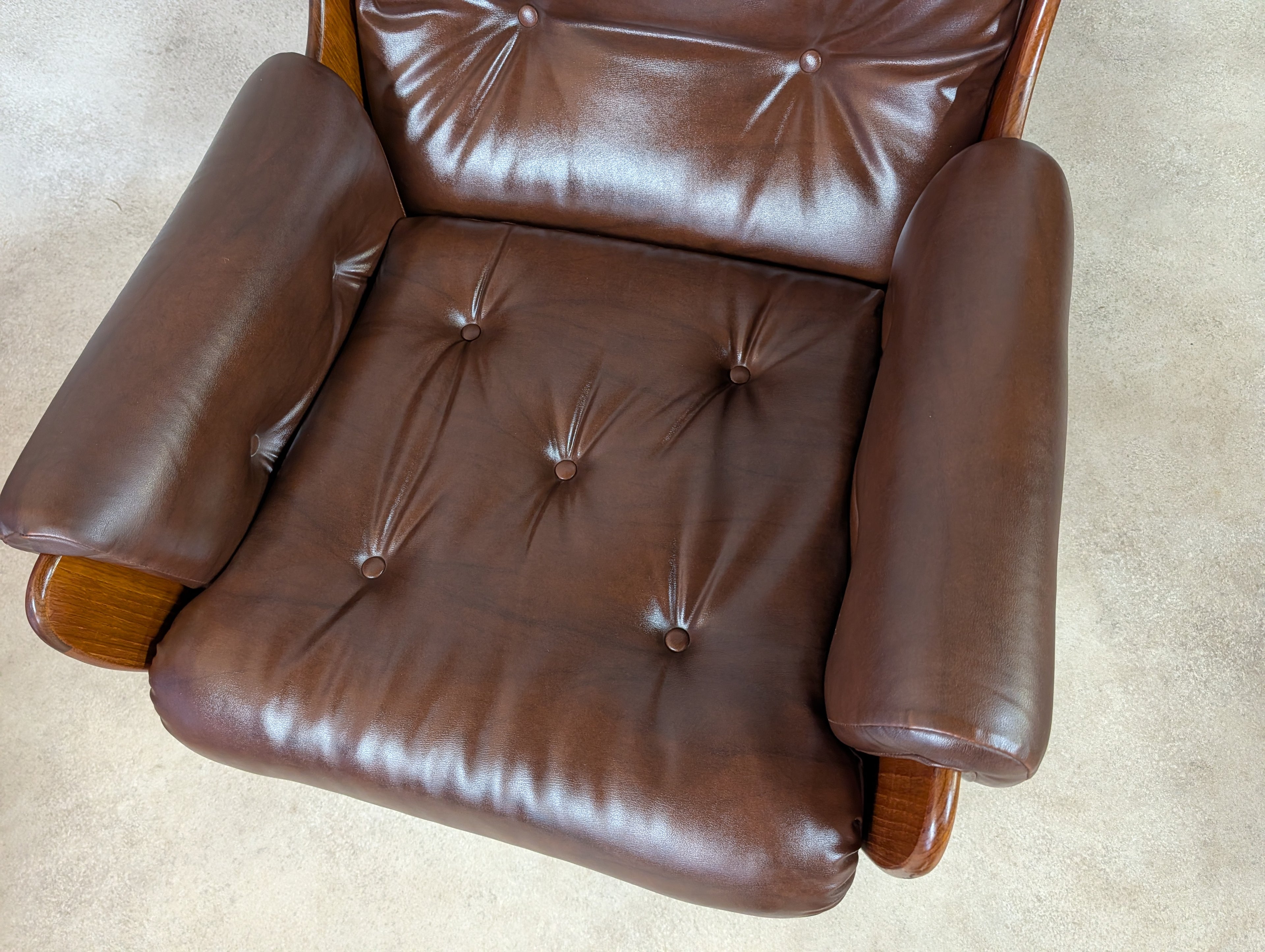 Mid Century G Plan Teak Saddleback Armchair Brown Faux Leather Retro Chair