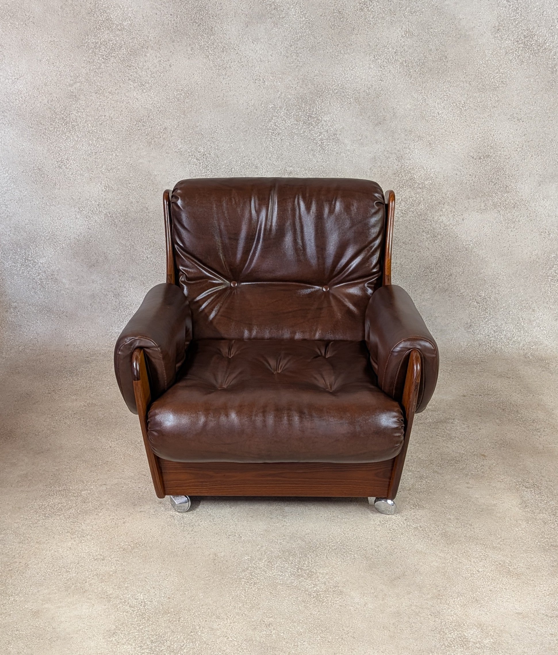 Mid Century G Plan Teak Saddleback Armchair Brown Faux Leather Retro Chair