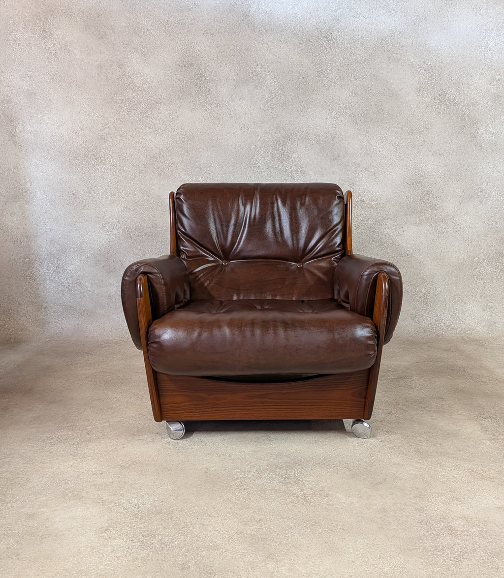 Mid Century G Plan Teak Saddleback Armchair Brown Faux Leather Retro Chair