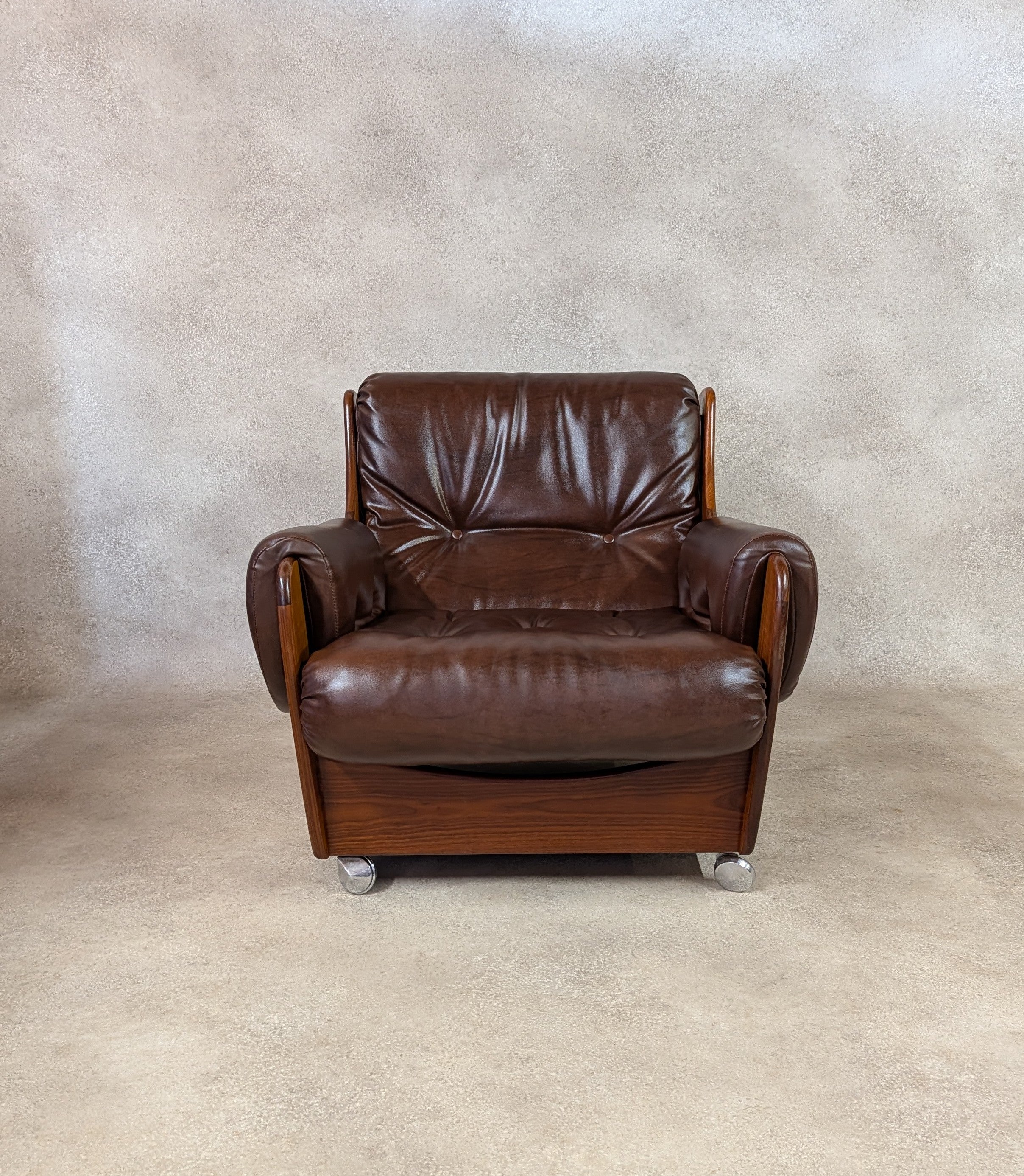 Mid Century G Plan Teak Saddleback Armchair Brown Faux Leather Retro Chair