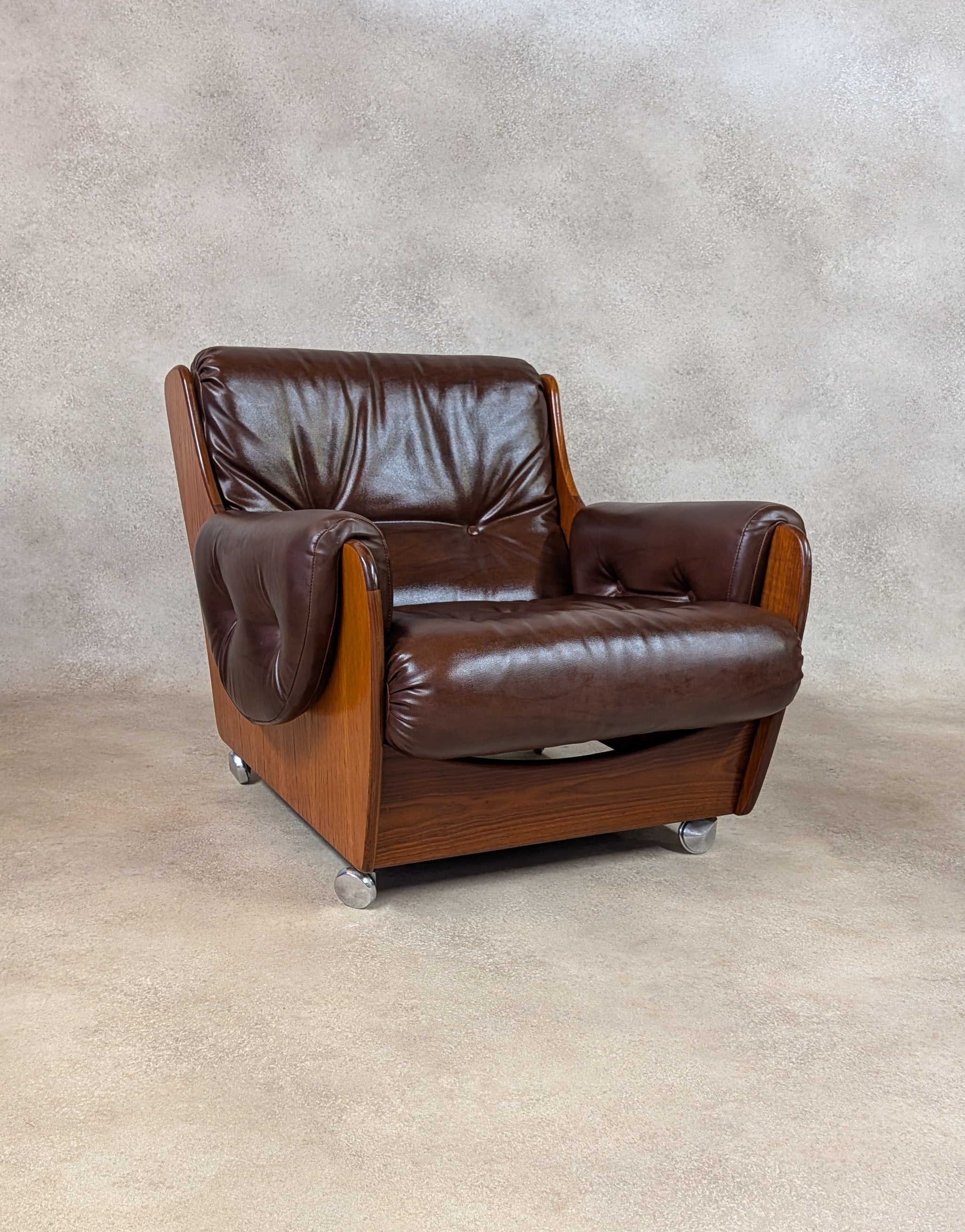 Mid Century G Plan Teak Saddleback Armchair Brown Faux Leather Retro Chair