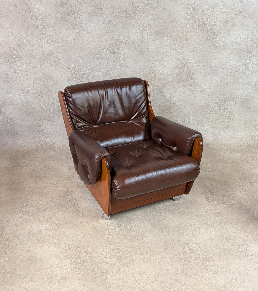 Mid Century G Plan Teak Saddleback Armchair Brown Faux Leather Retro Chair